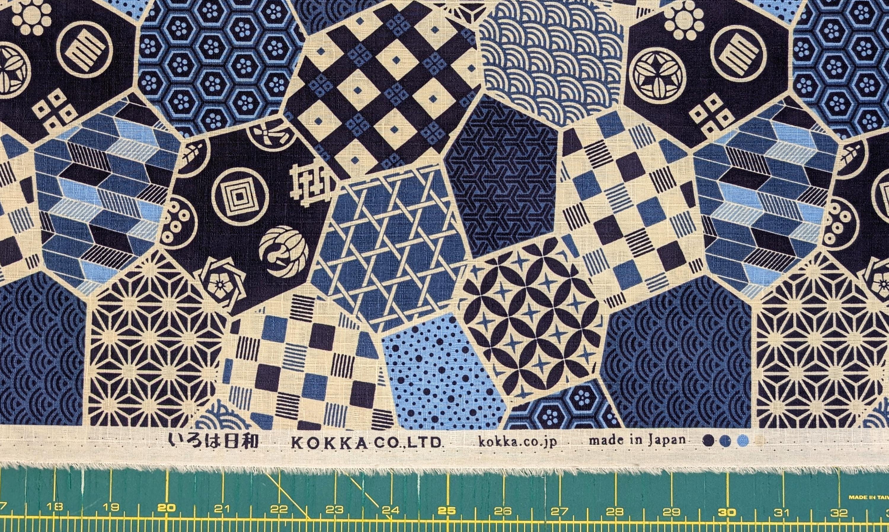 Kokka - Crested Patchwork Cotton Dobby - Blues and White