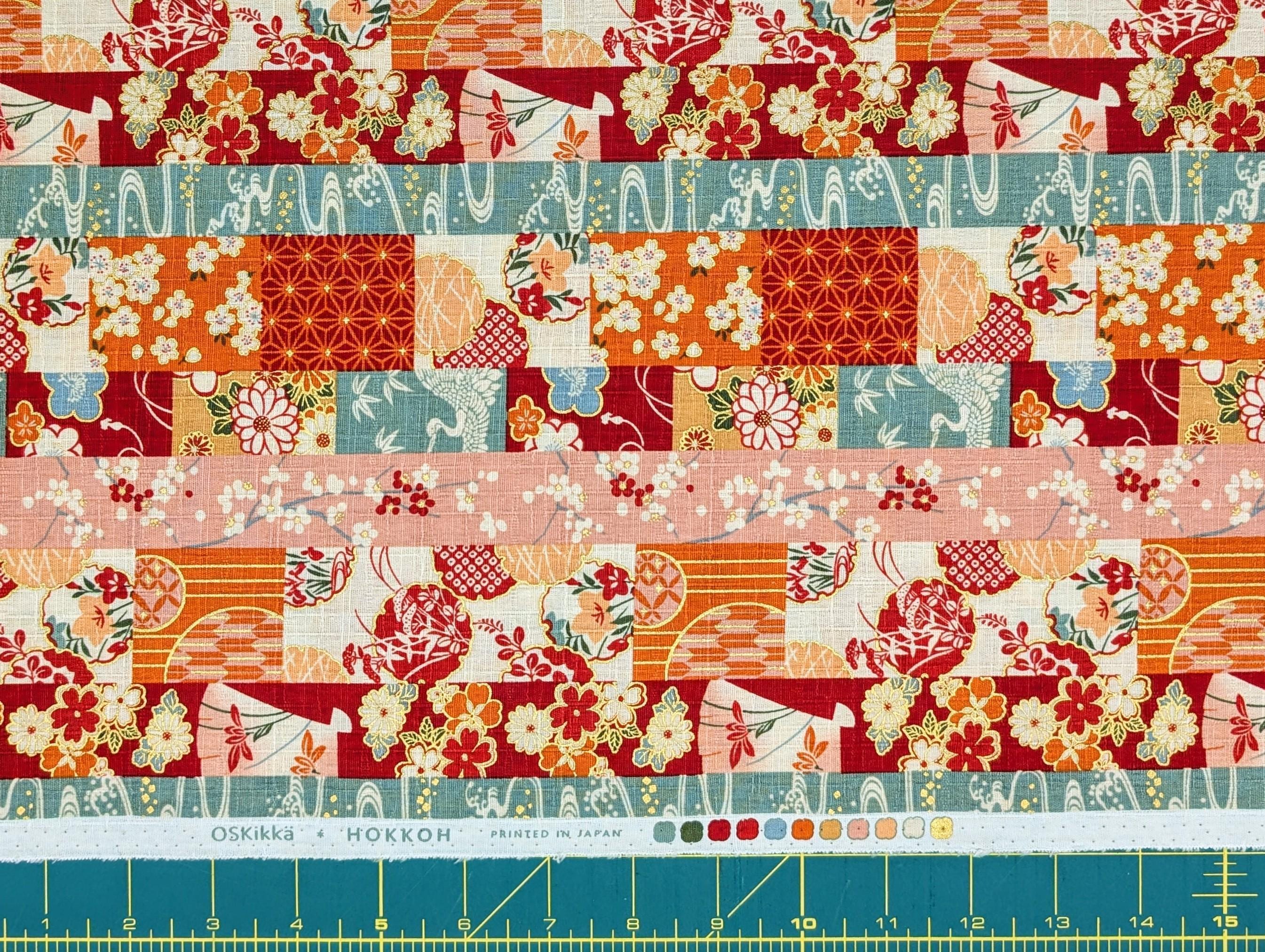 Hokkoh - Striped Fans and Flowers Cotton Dobby - Orange