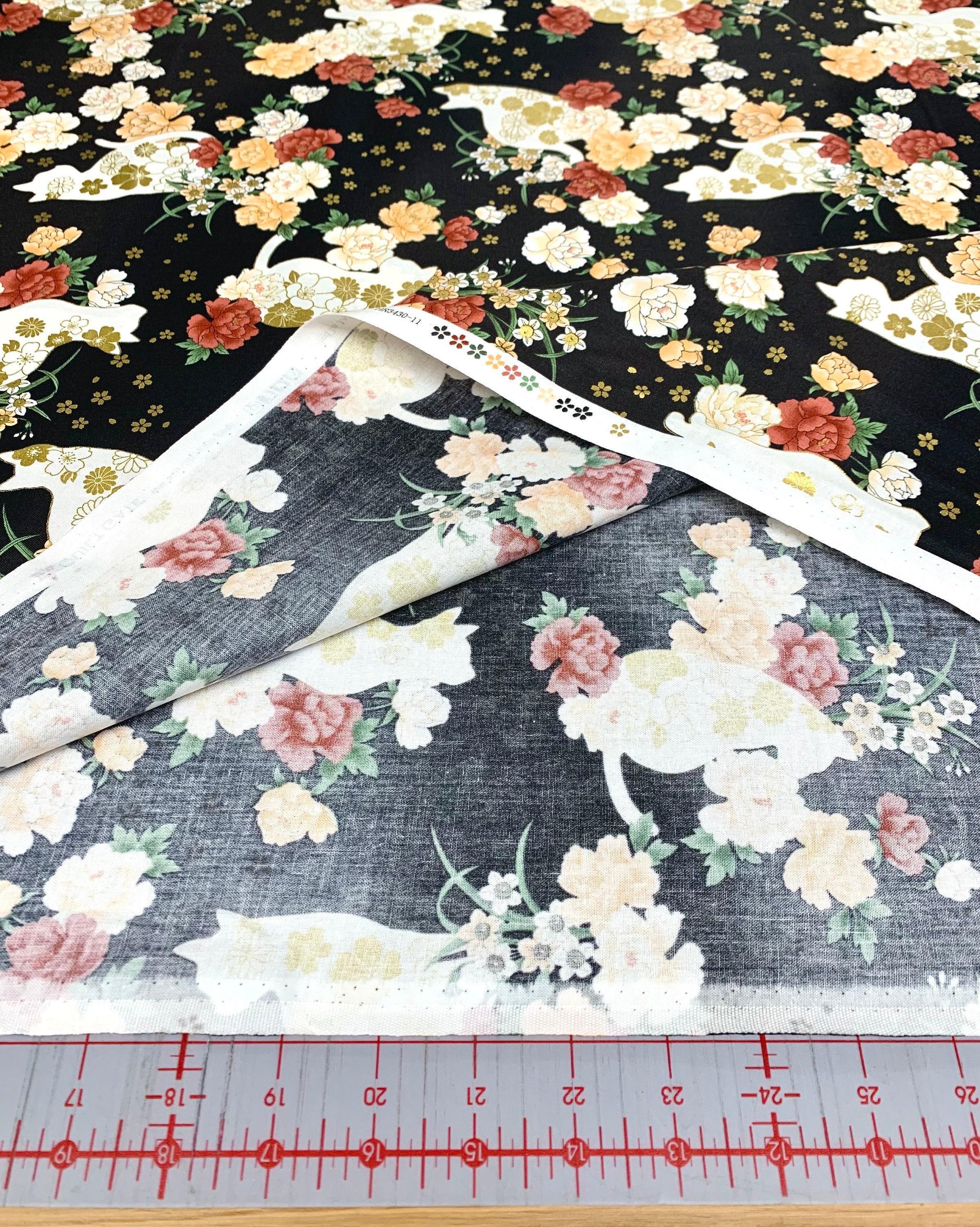 QuiltGate - Hyakka Ryoran Flower Cats Cotton Fabric - Black Burgundy Green Gold