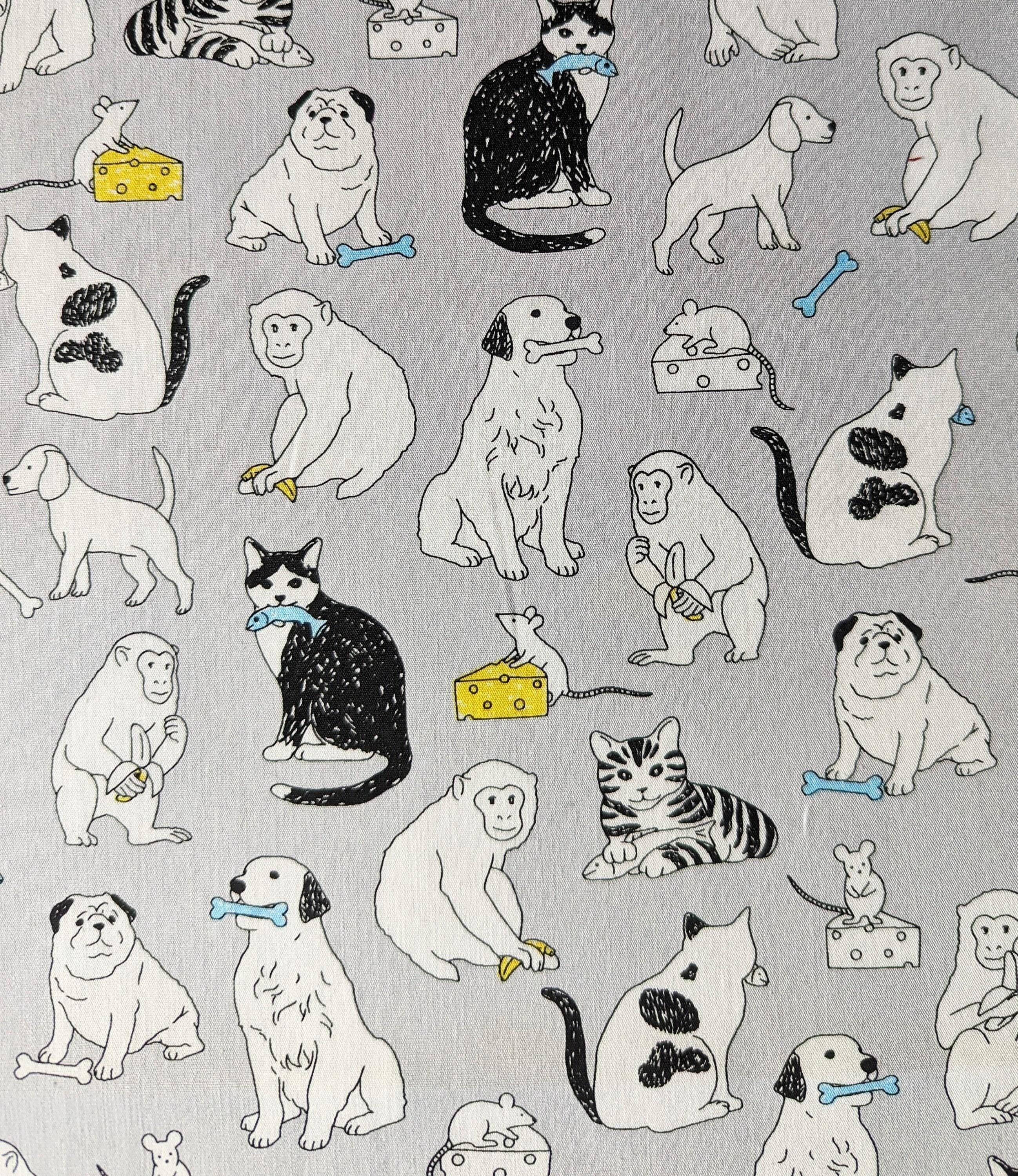 Sevenberry - Cats Dogs Mice and Monkeys Cotton Fabric - Gray
