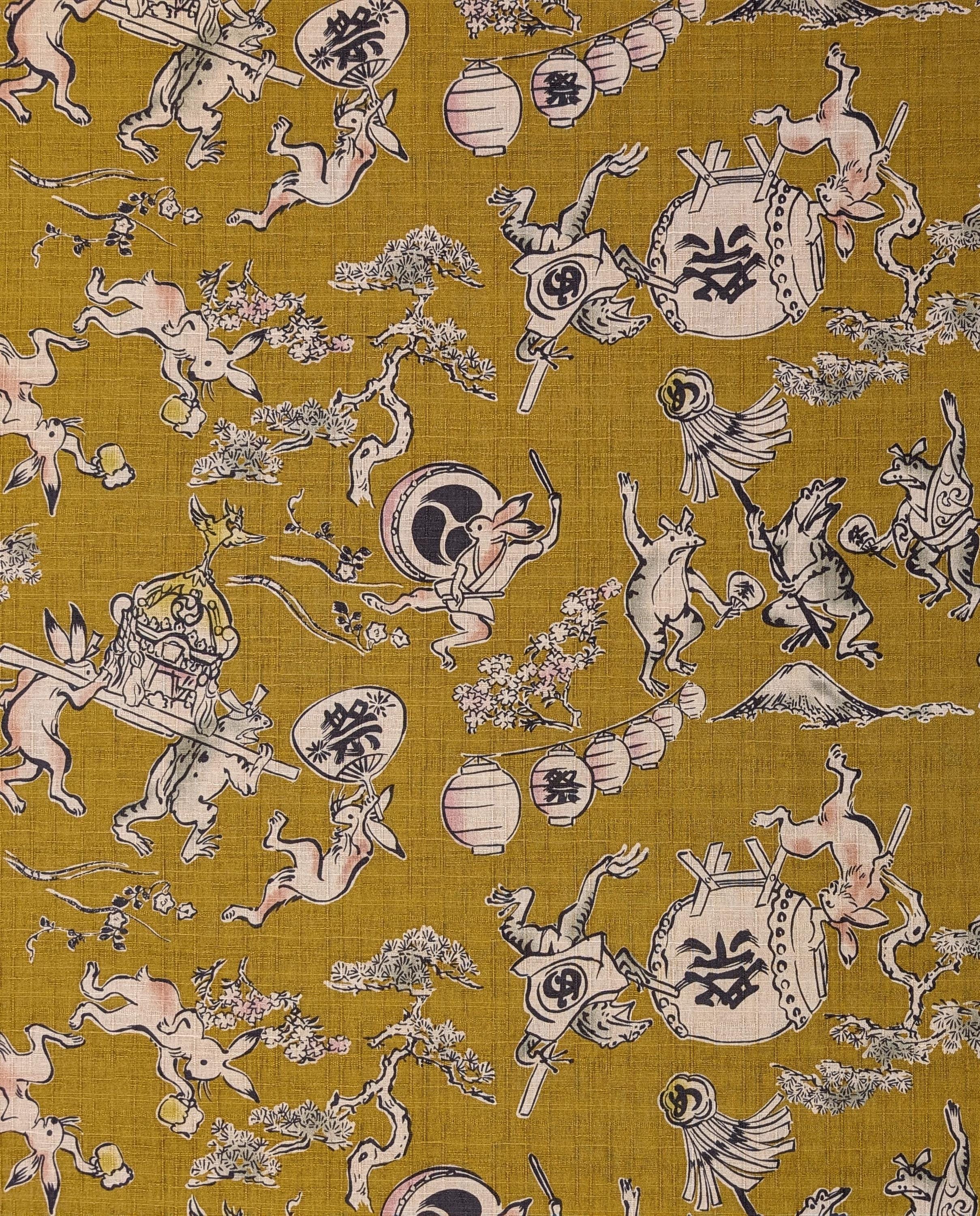 NEW Taiko Animals Hokkoh Japanese cotton dobby fabric 1024-130-4 B mustard