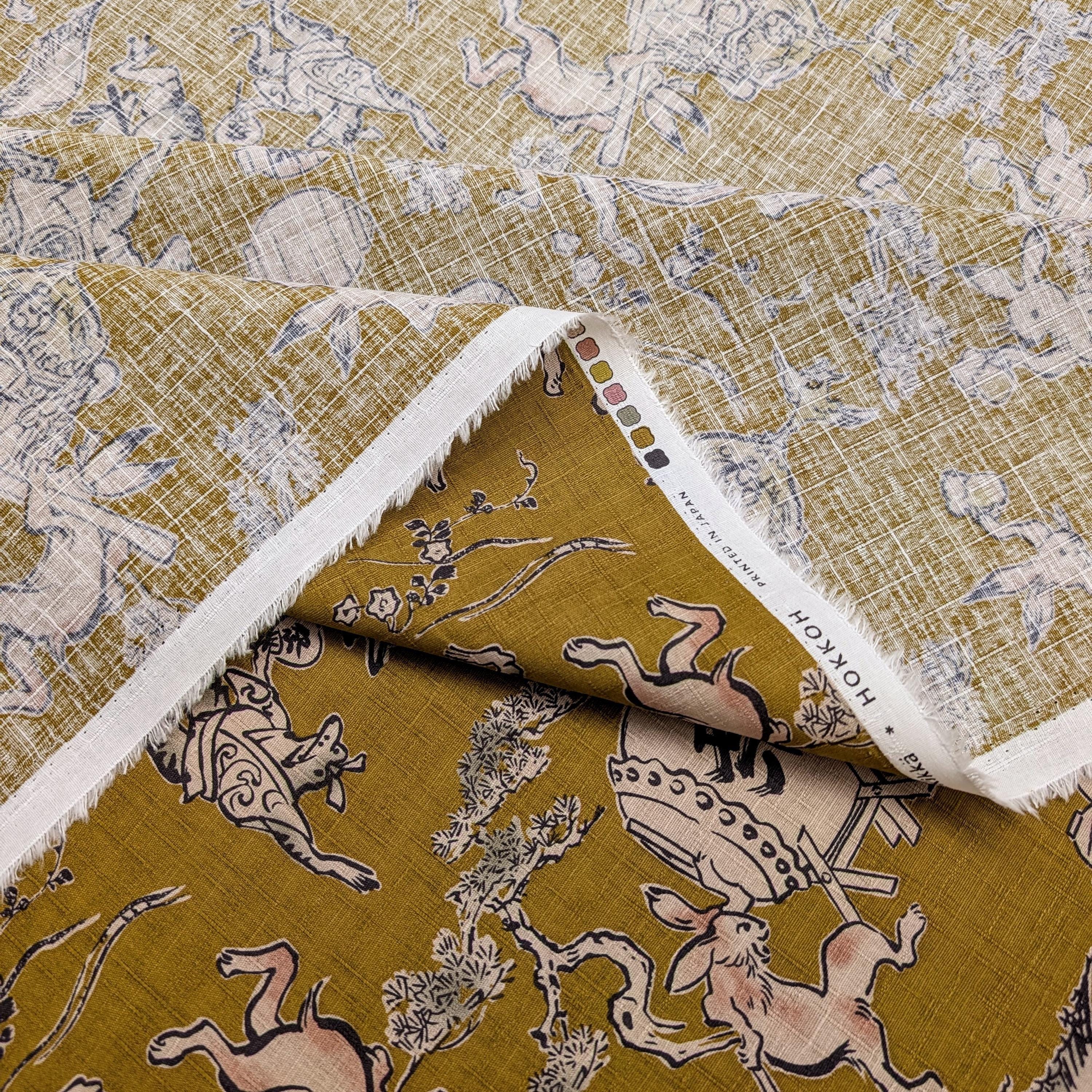 NEW Taiko Animals Hokkoh Japanese cotton dobby fabric 1024-130-4 B mustard