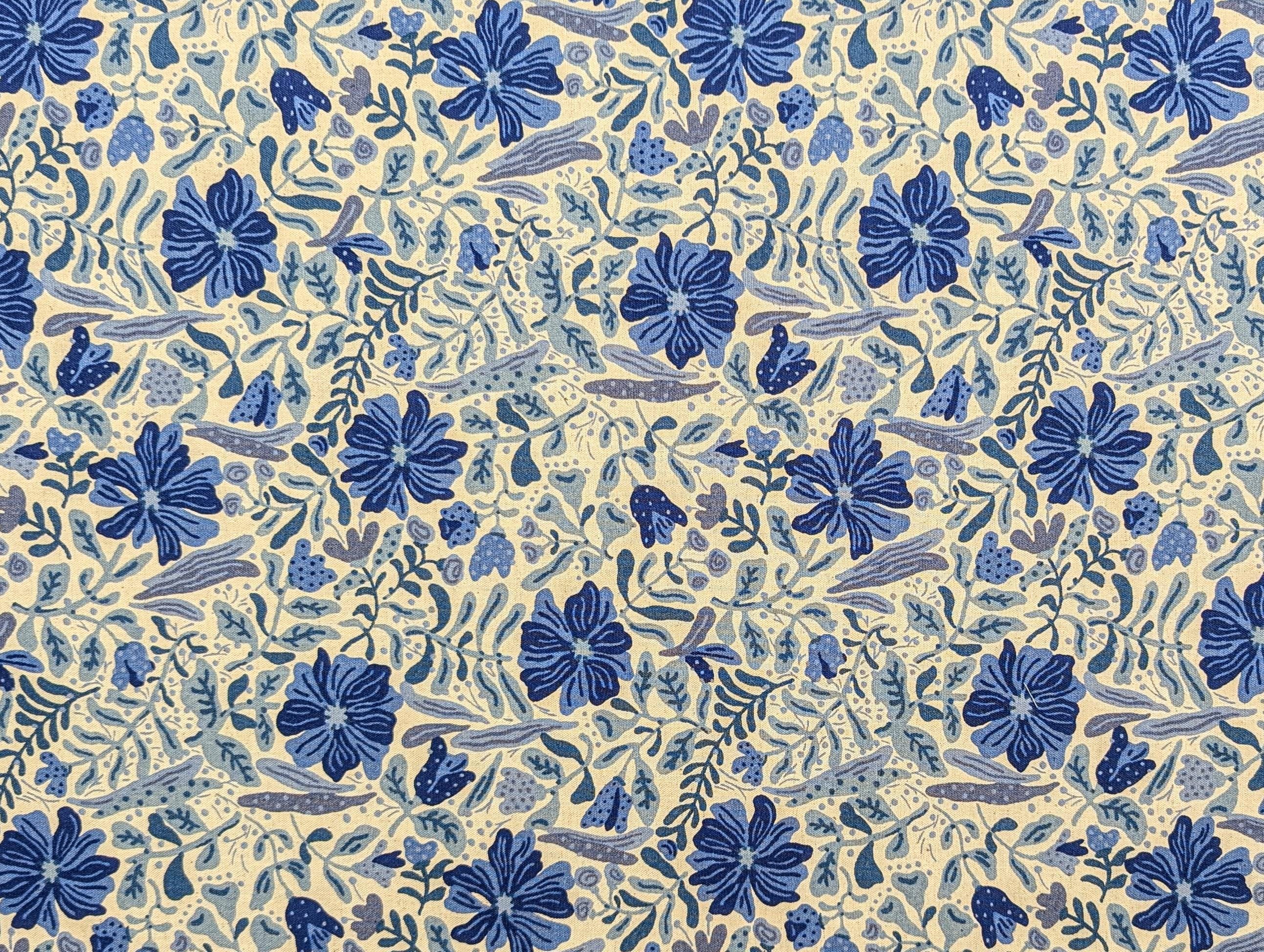 Kobayashi - Folk Art Flowers Cotton/Linen Oxford - Blue and Beige