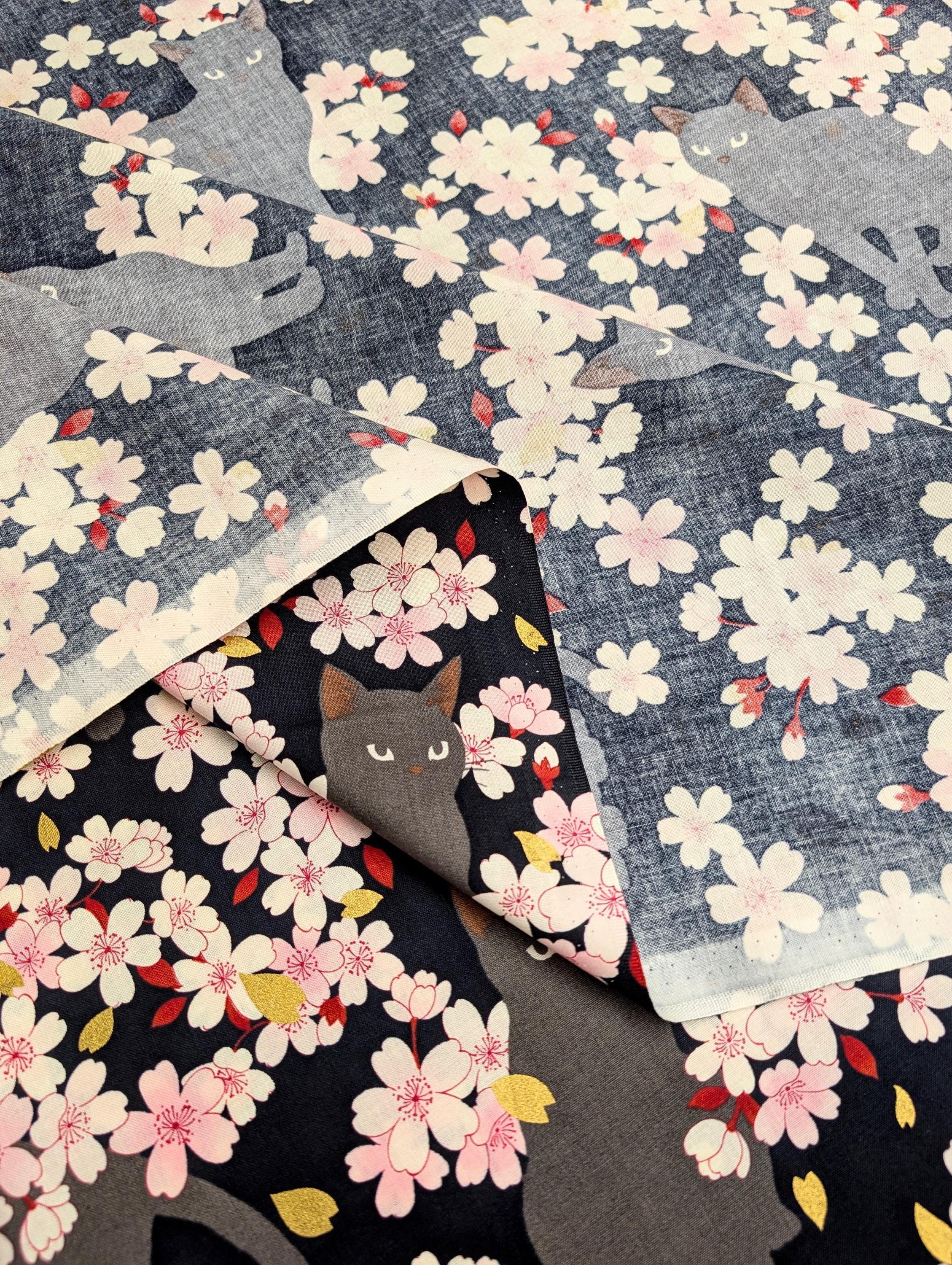QuiltGate - Hyakka Ryoran Black Cats and Cherry Blossoms Cotton Fabric - Black