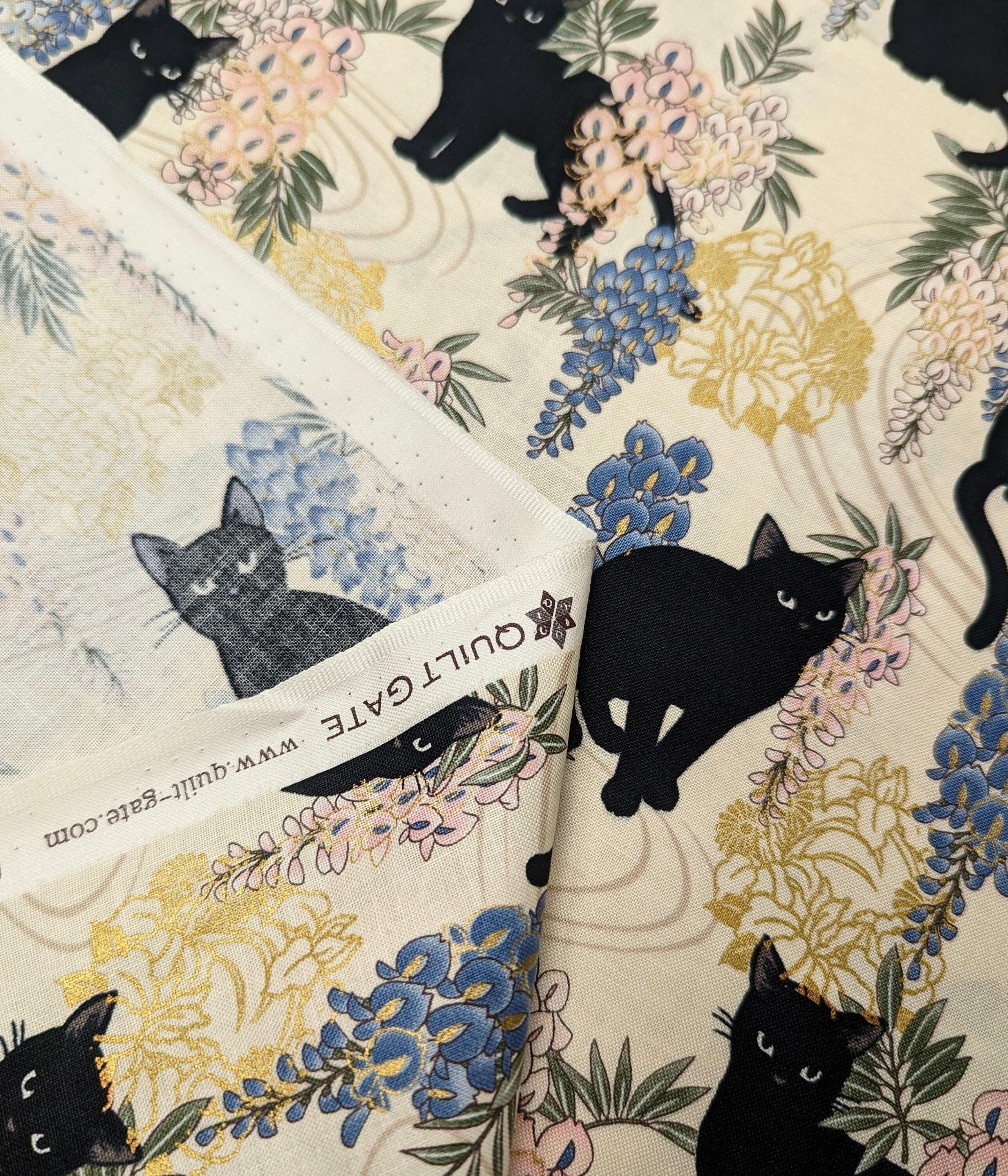 QuiltGate - Hyakka Ryoran Cats and Wisteria Cotton Fabric - White