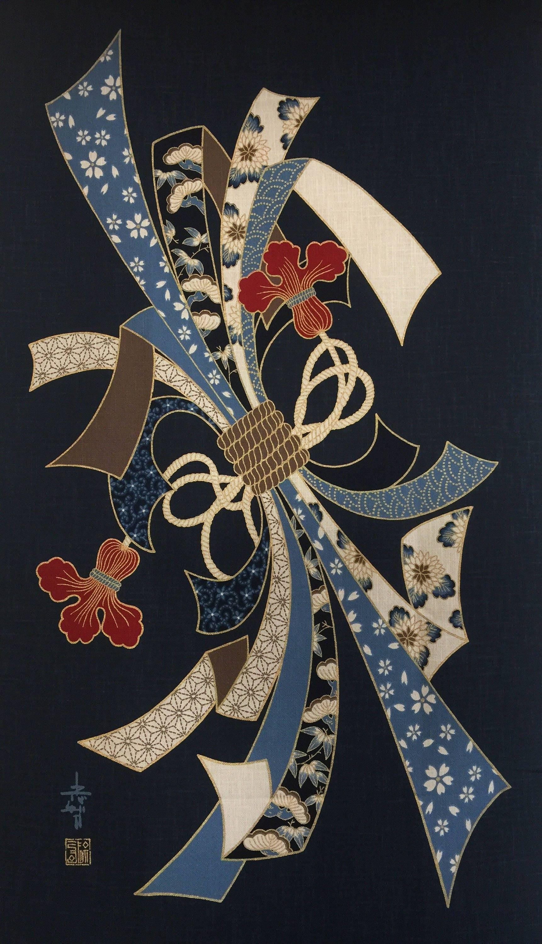 Kurenai - Lucky Noshi Japanese Noren Panel - Blue