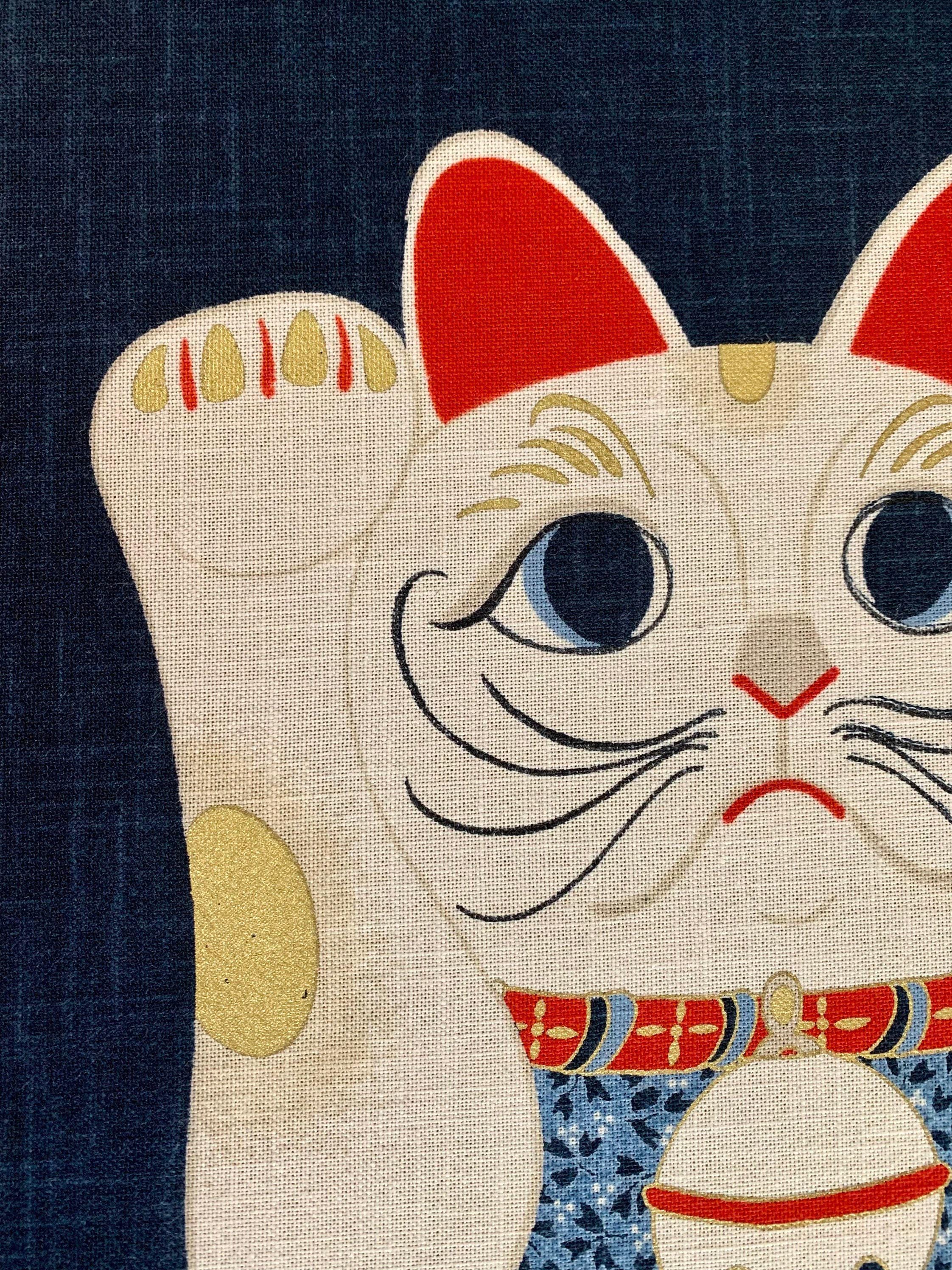 Kurenai - Maneki Neko Lucky Cat Japanese Noren Panel - Blue