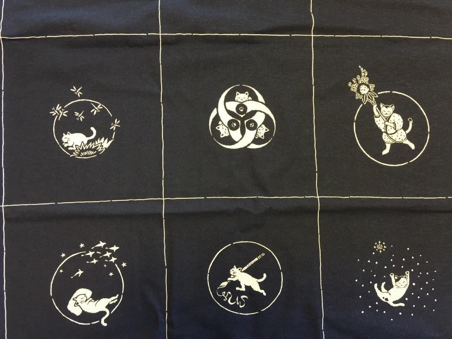 Orimono Imports - Neko Cat Cotton Fabric Panel - Navy, Black, or Red