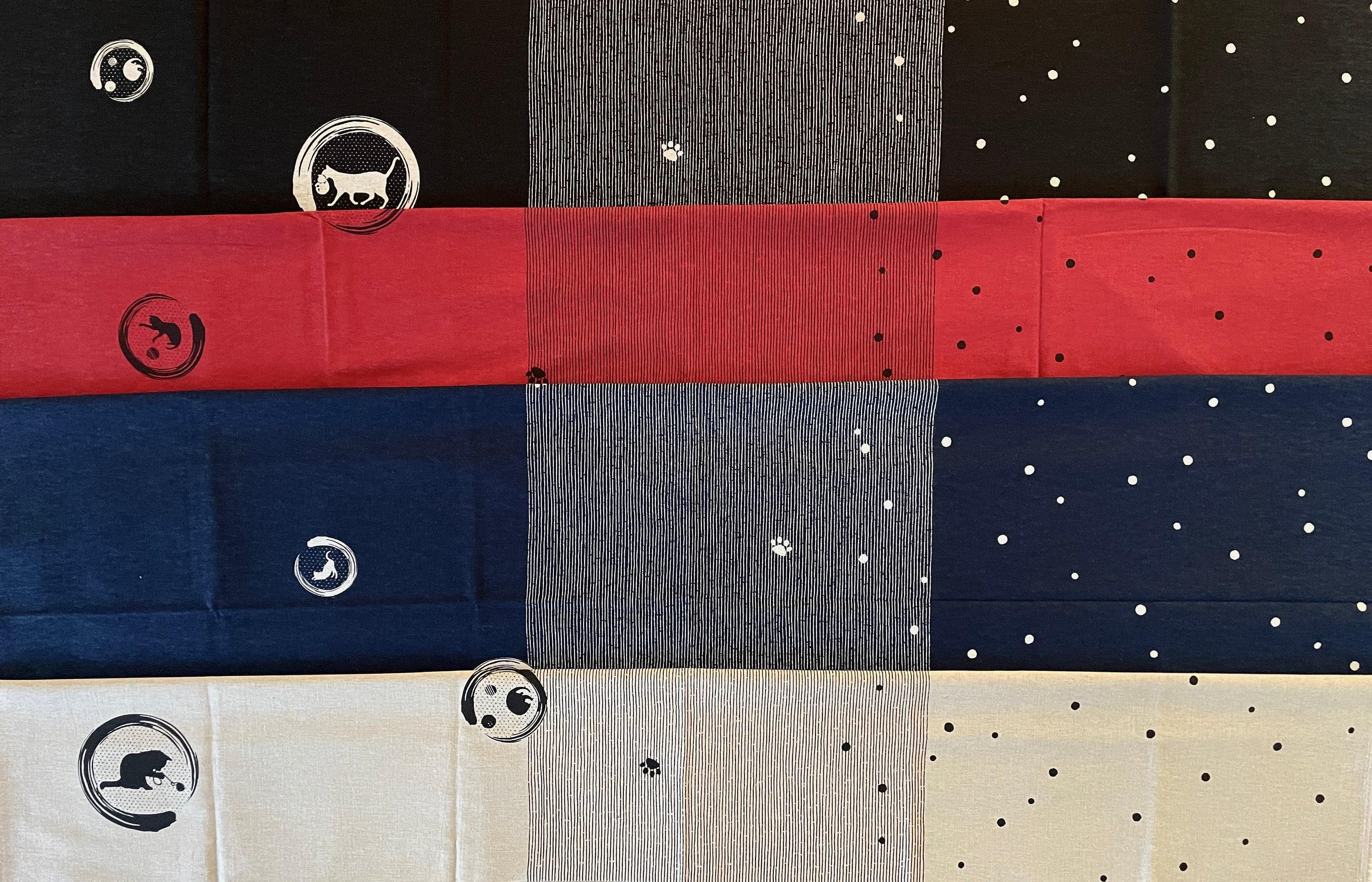 Orimono Imports - Playful Cat and Kitten with Stripes and Dots Fabric Panel - Red