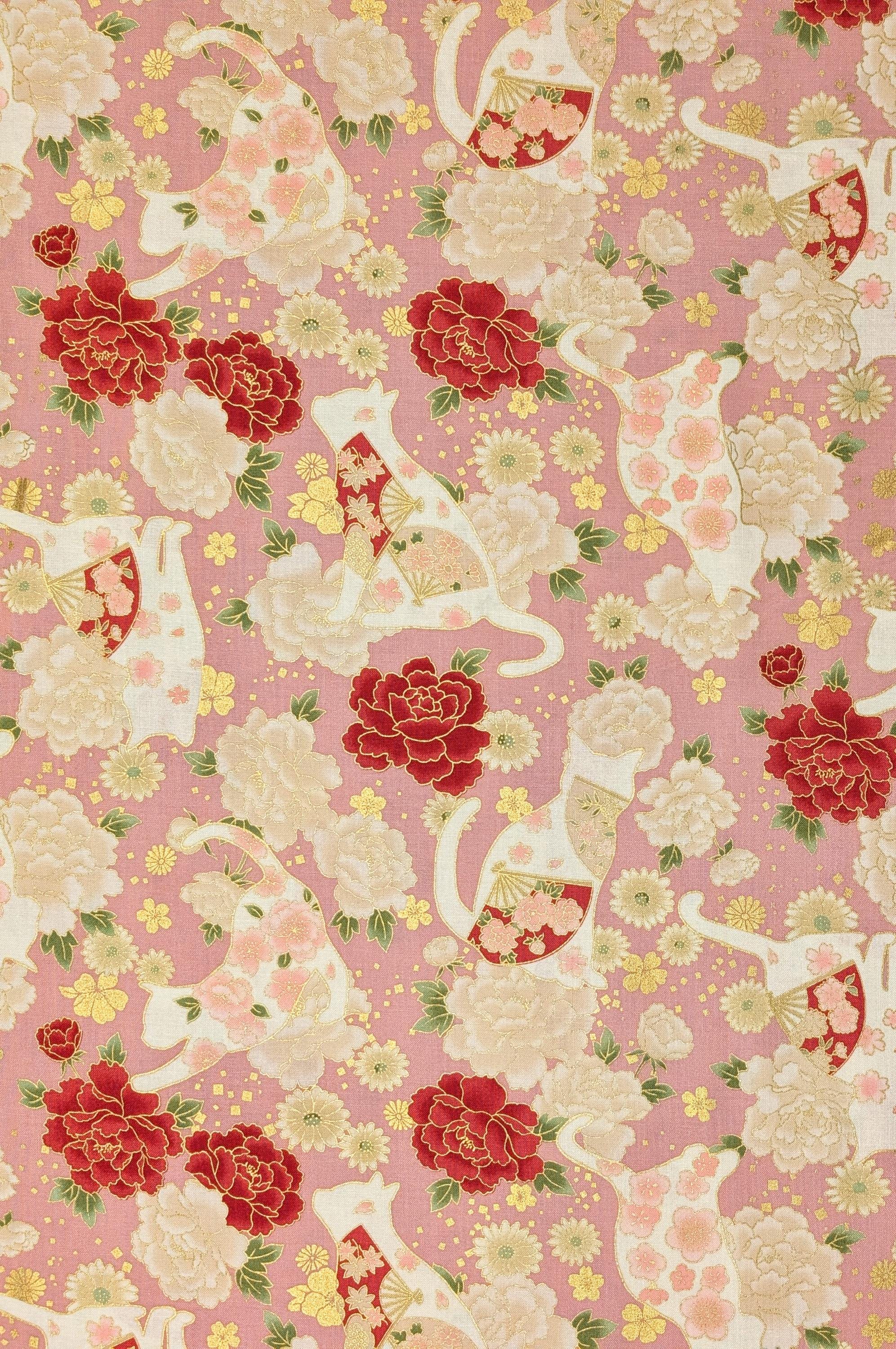 NEW Cats and Roses QuiltGate Hyakka Ryoran Japanese cotton fabric HR3480-12 B pink