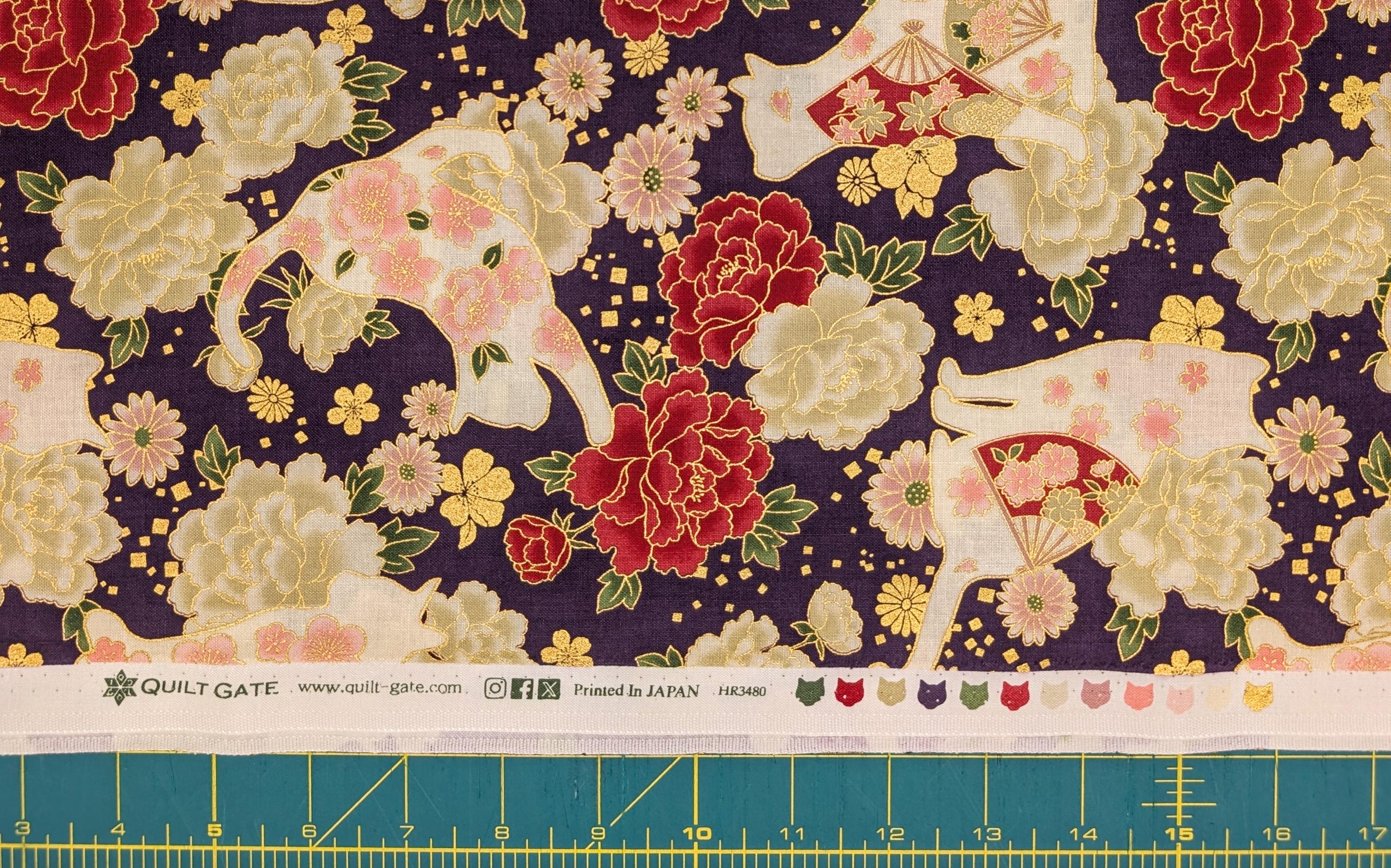 NEW Cats and Roses Quilt Gate Hyakka Ryoran Japanese cotton fabric HR3480-12 D purple