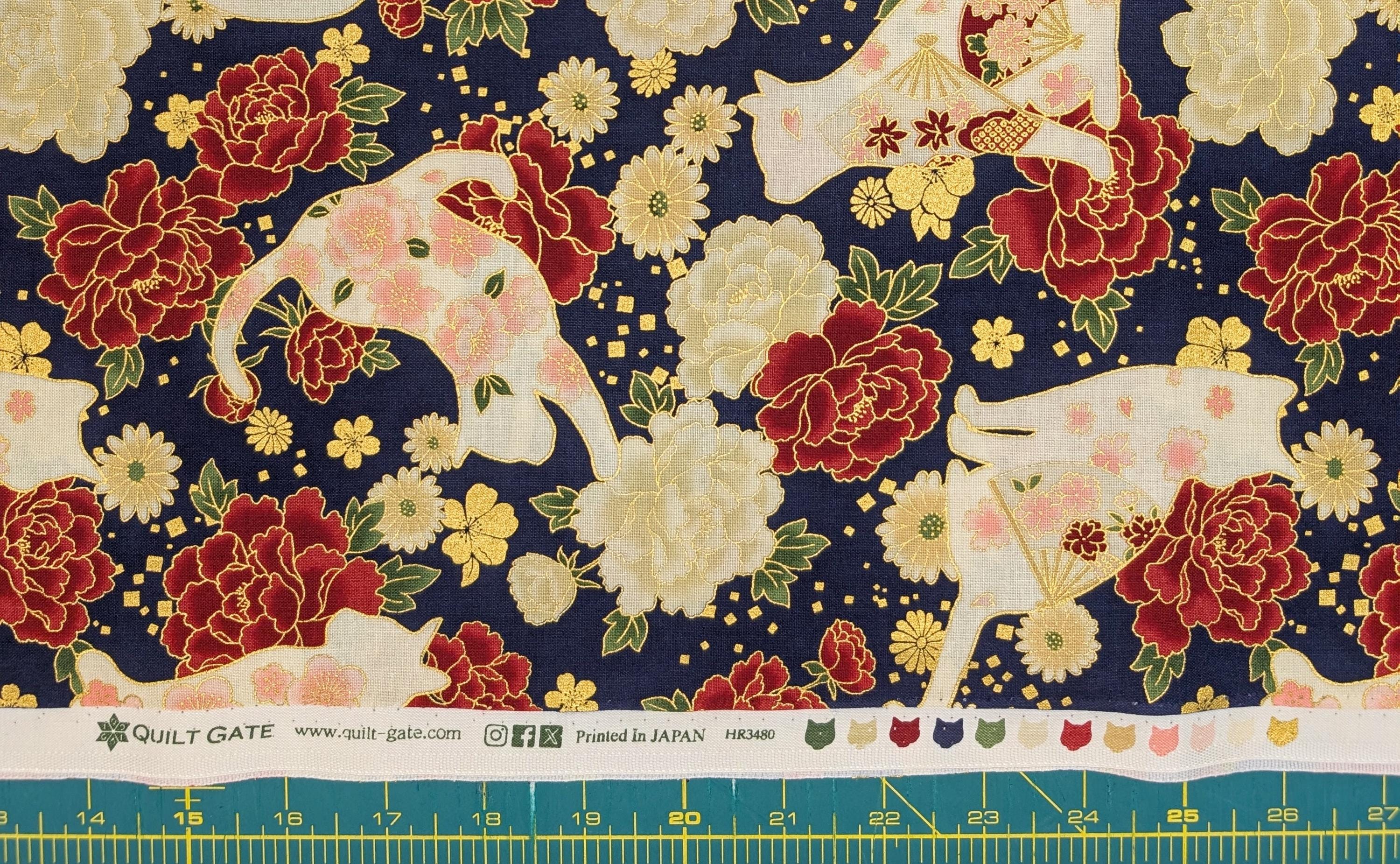 NEW Cats and Roses QuiltGate Hyakka Ryoran Japanese cotton fabric HR3480-12 E blue