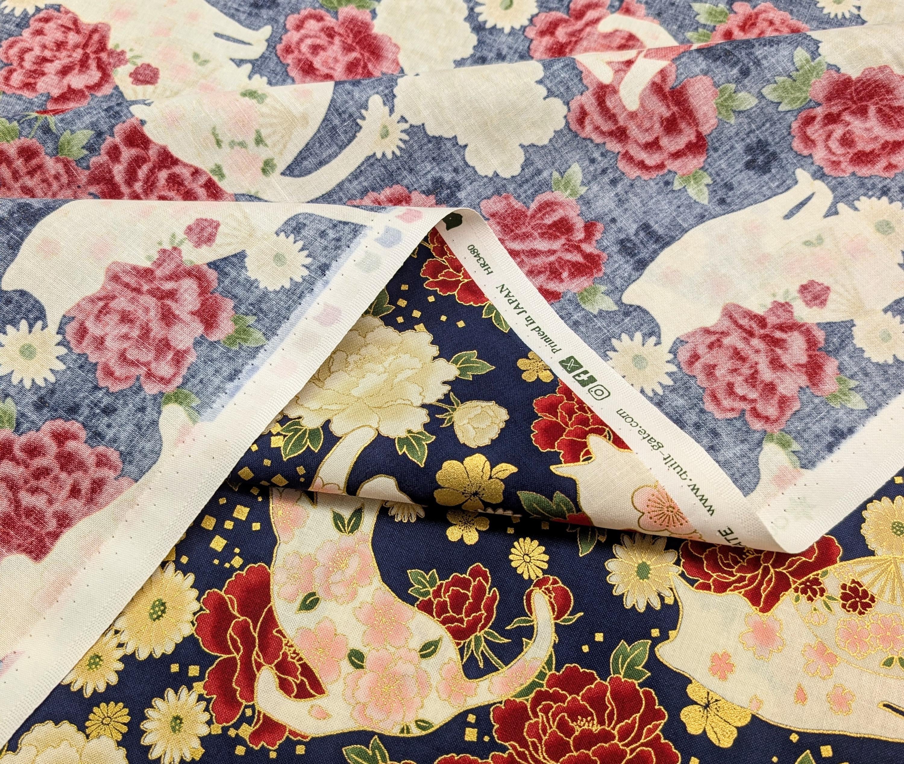 NEW Cats and Roses QuiltGate Hyakka Ryoran Japanese cotton fabric HR3480-12 E blue