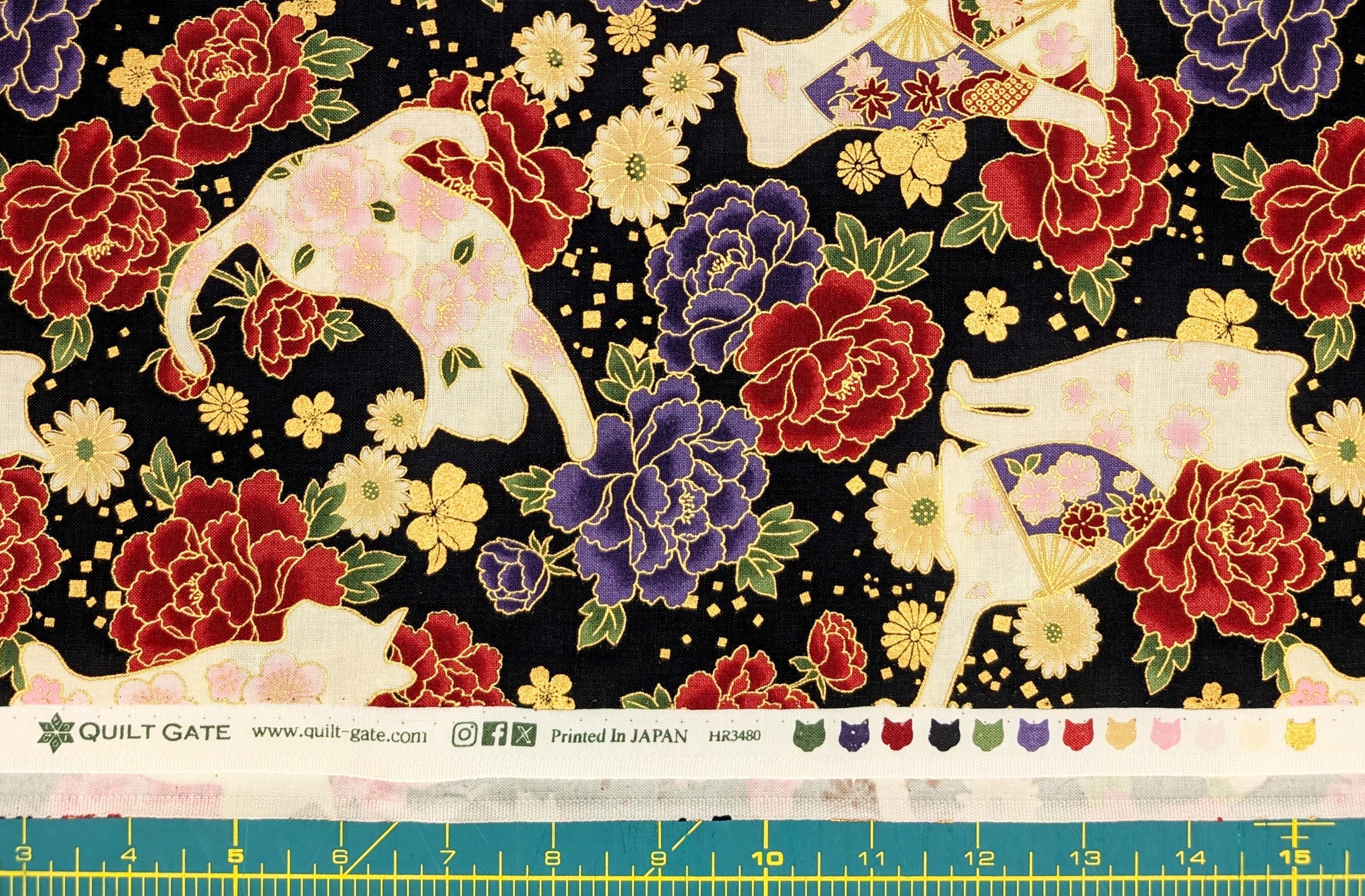 NEW Cats and Roses QuiltGate Hyakka Ryoran Japanese cotton fabric HR3480-12 F black