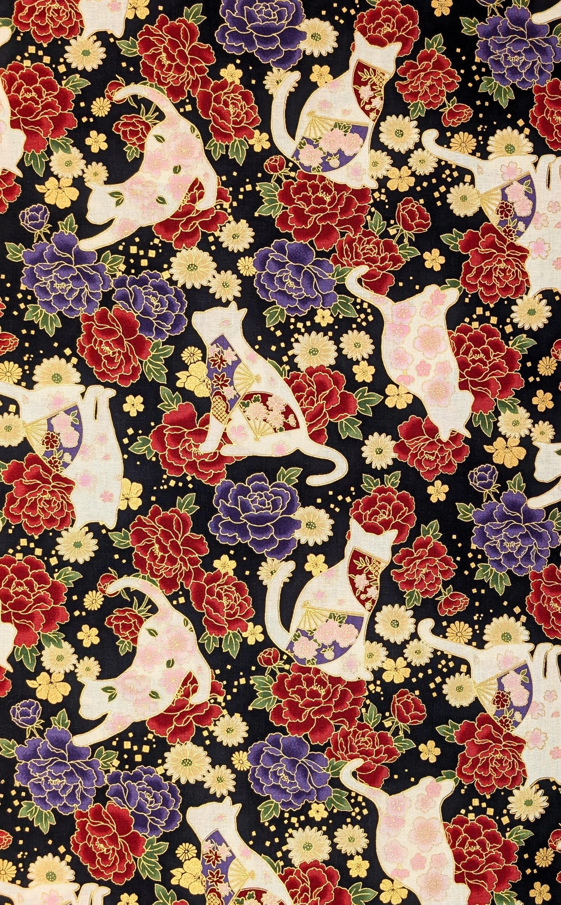 NEW Cats and Roses QuiltGate Hyakka Ryoran Japanese cotton fabric HR3480-12 F black