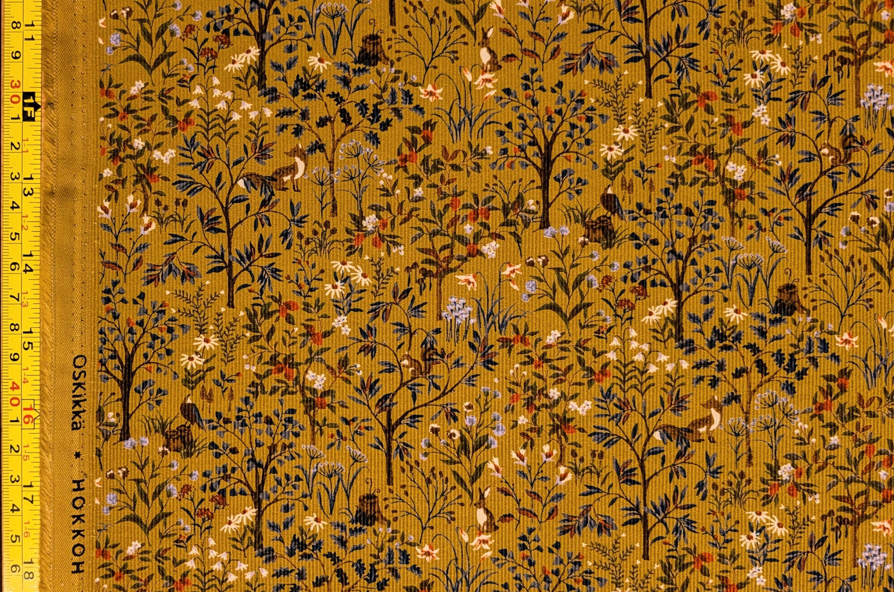 NEW Forest Fauna & Foxes Japanese cotton needle cord corduroy fabric Hokkoh 7025-1710-6 C yellow