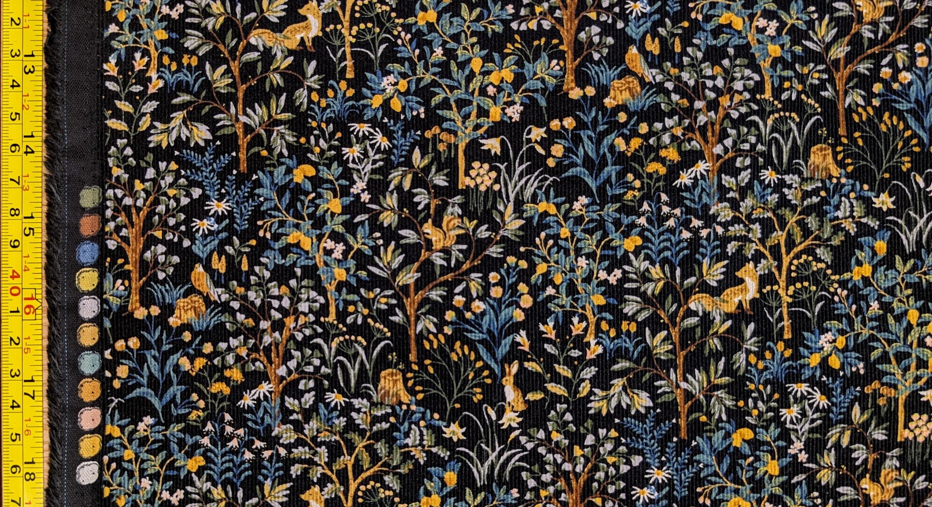 NEW Forest Fauna & Foxes Japanese cotton needle cord corduroy fabric Hokkoh 7025-1710-6 E black