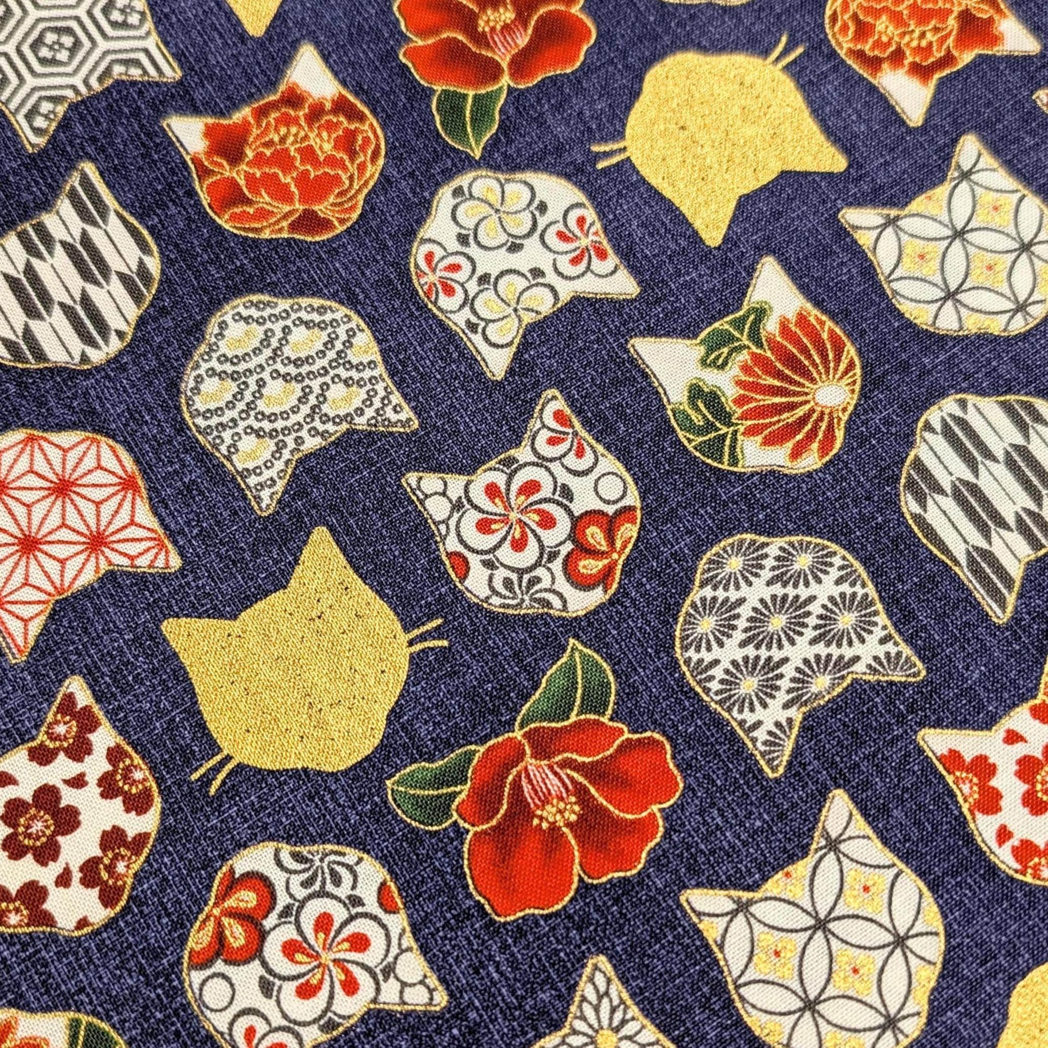QuiltGate - Hyakka Ryoran Patterned Cats Cotton Fabric - Medium Blue