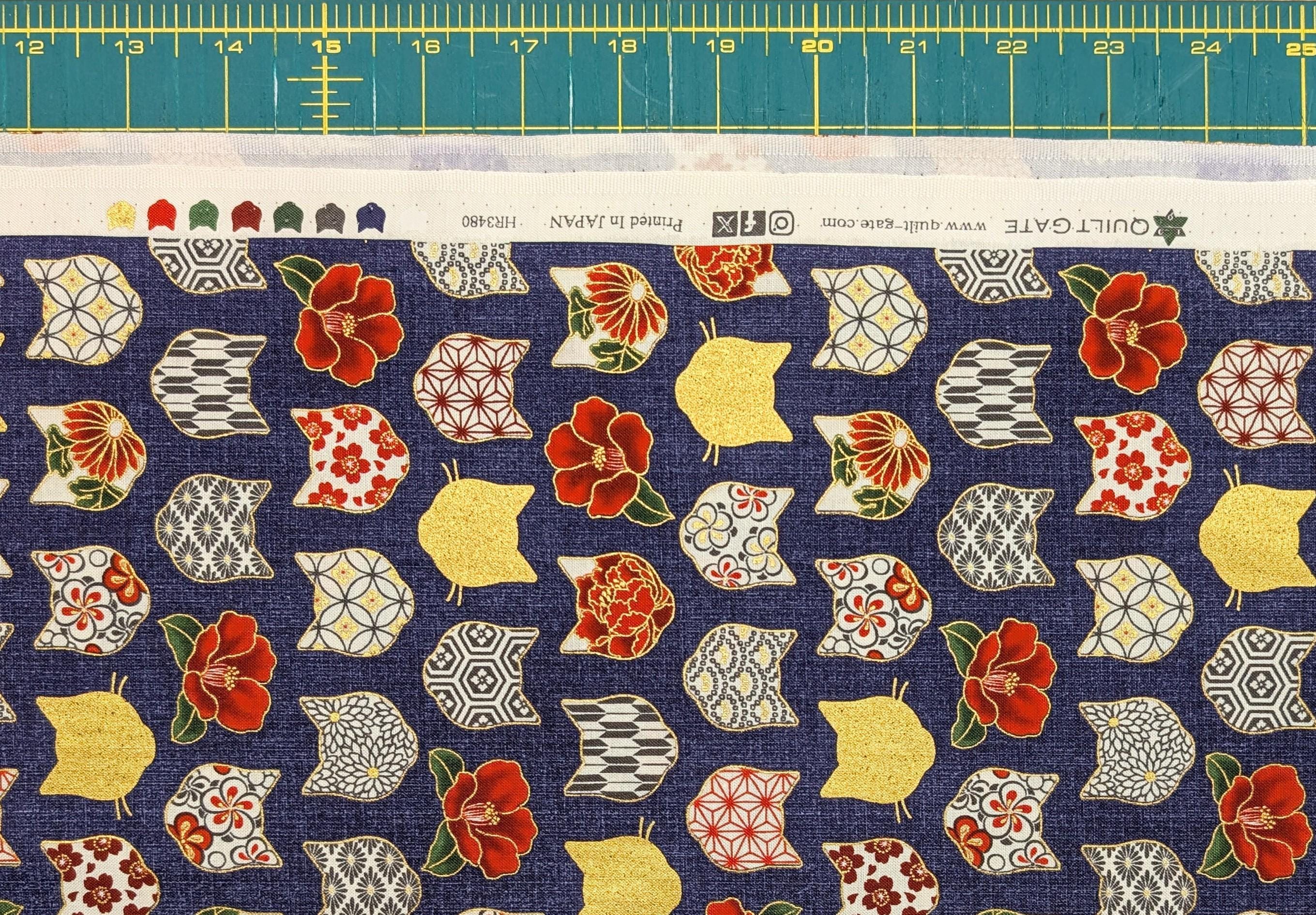 QuiltGate - Hyakka Ryoran Patterned Cats Cotton Fabric - Medium Blue