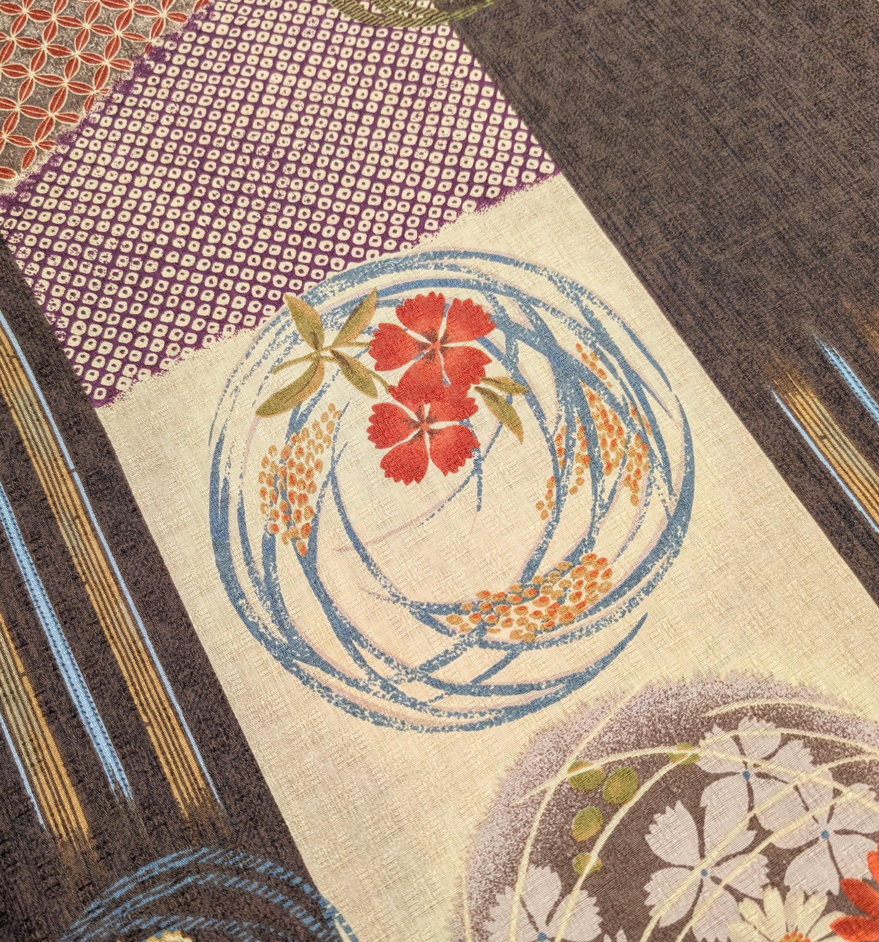 Wide Stripe Flower Circles Japanese Kobayashi dobby cotton fabric KTS-1594 D brown