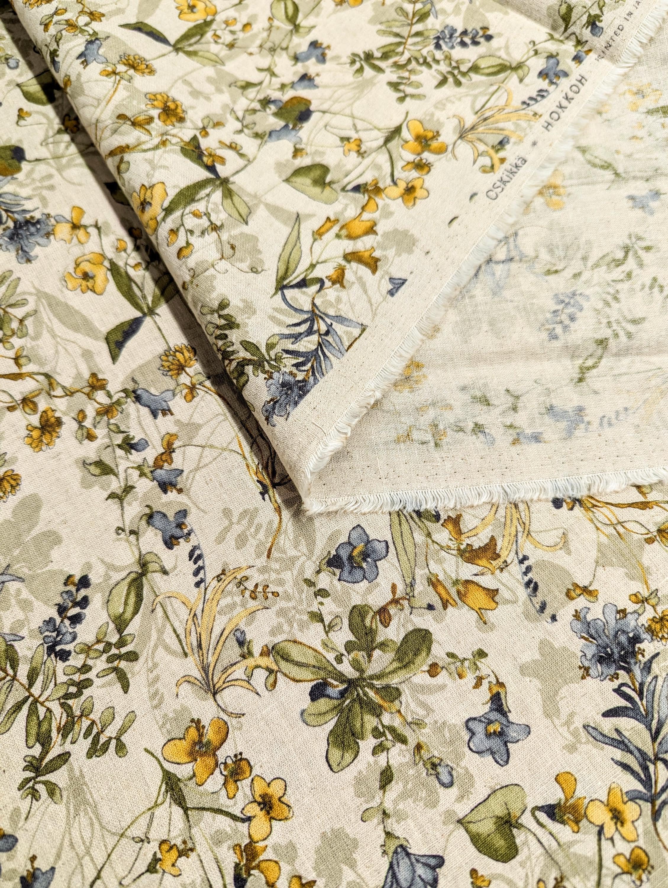 Hokkoh - Watercolor Botanicals Cotton/Linen Blend Fabric - Yellow and Beige