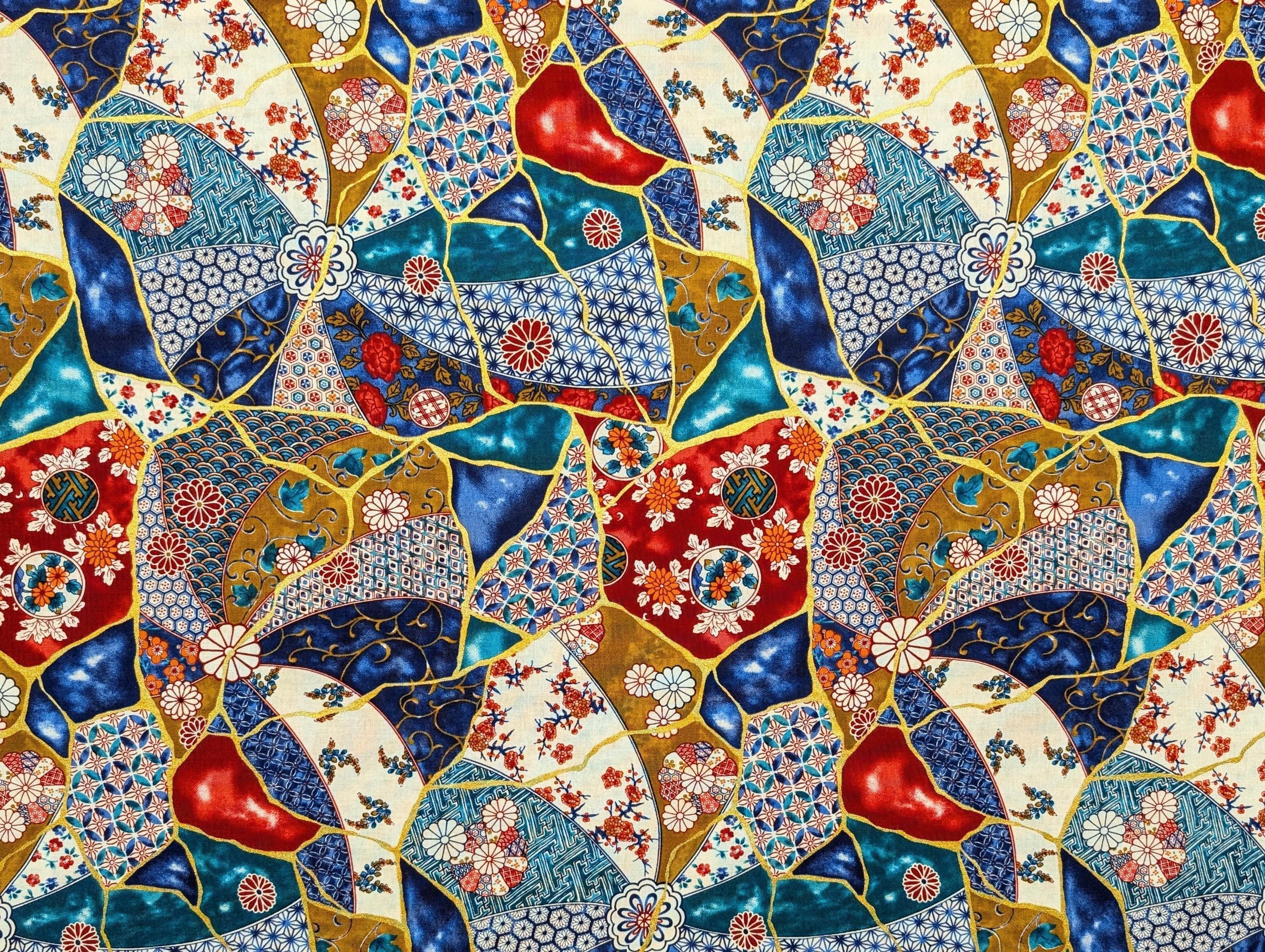 Senyo - Patterned Kintsugi Collage Cotton Fabric - Blue, Red and White
