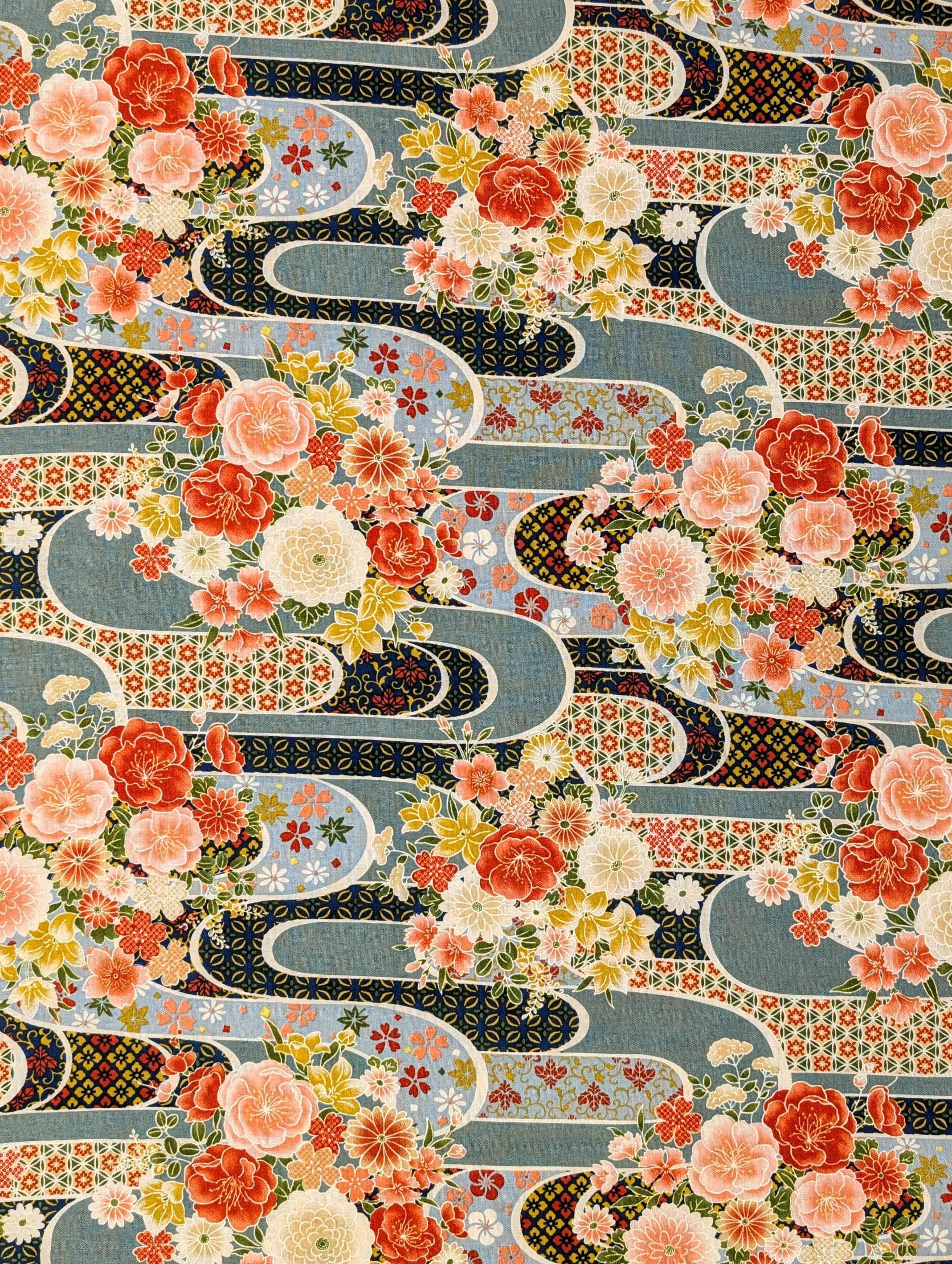 Sevenberry - Floral Waves Cotton Fabric - Blue and Green