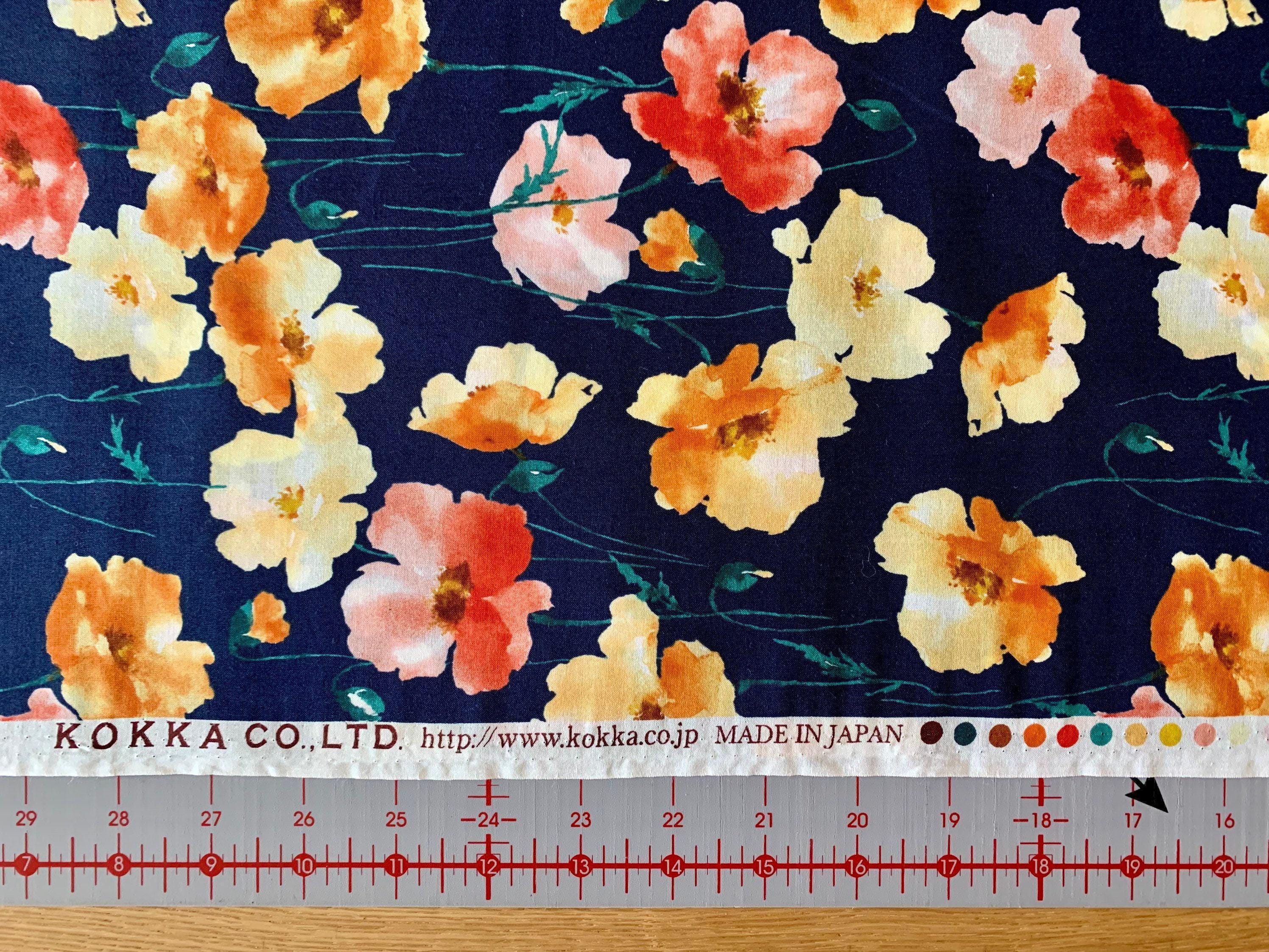 Kokka - Watercolor Poppies Cotton Lawn - Navy Blue Peach