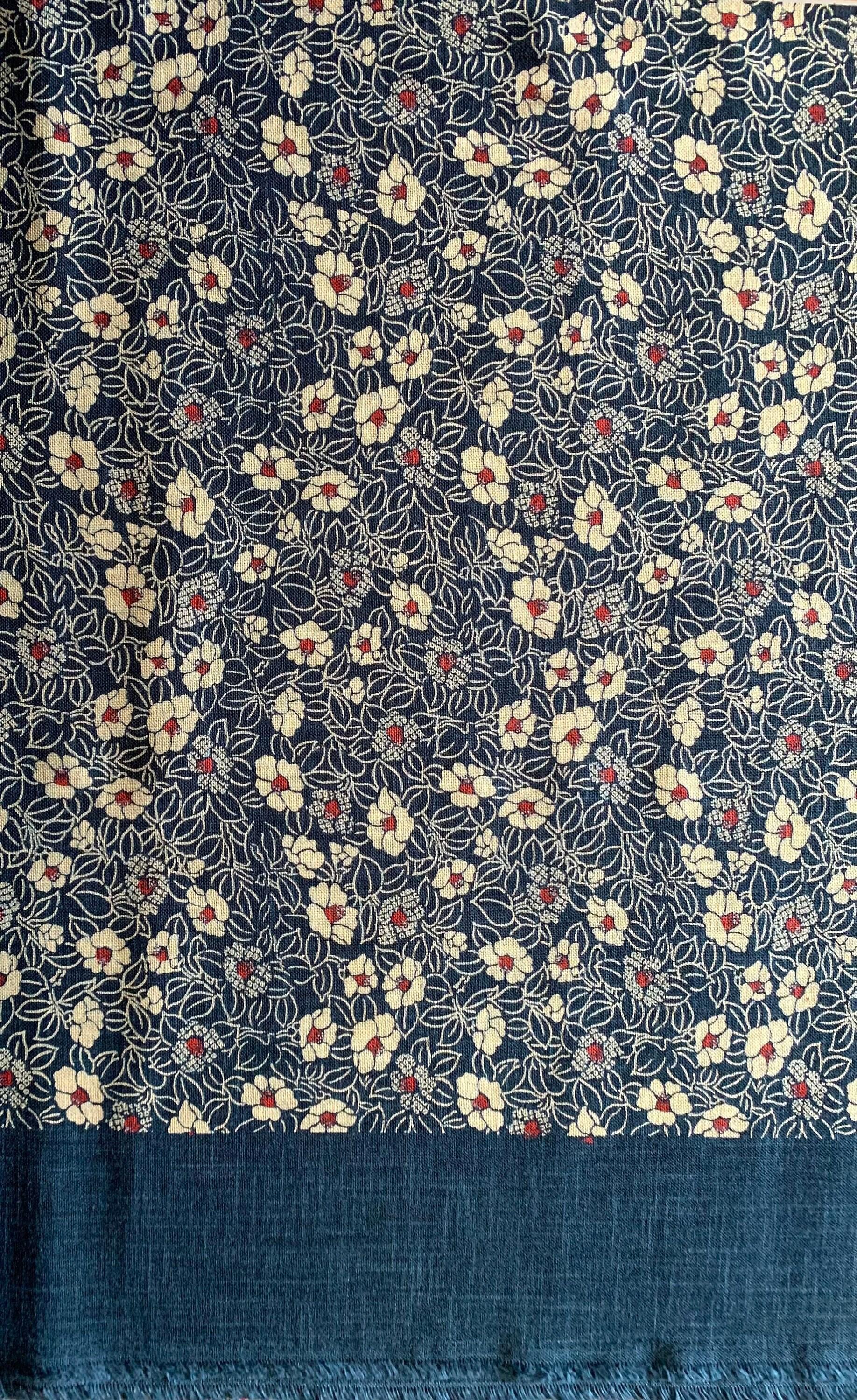 Kurenai - Camellias Hand Stenciled Cotton - Navy Blue Beige Red