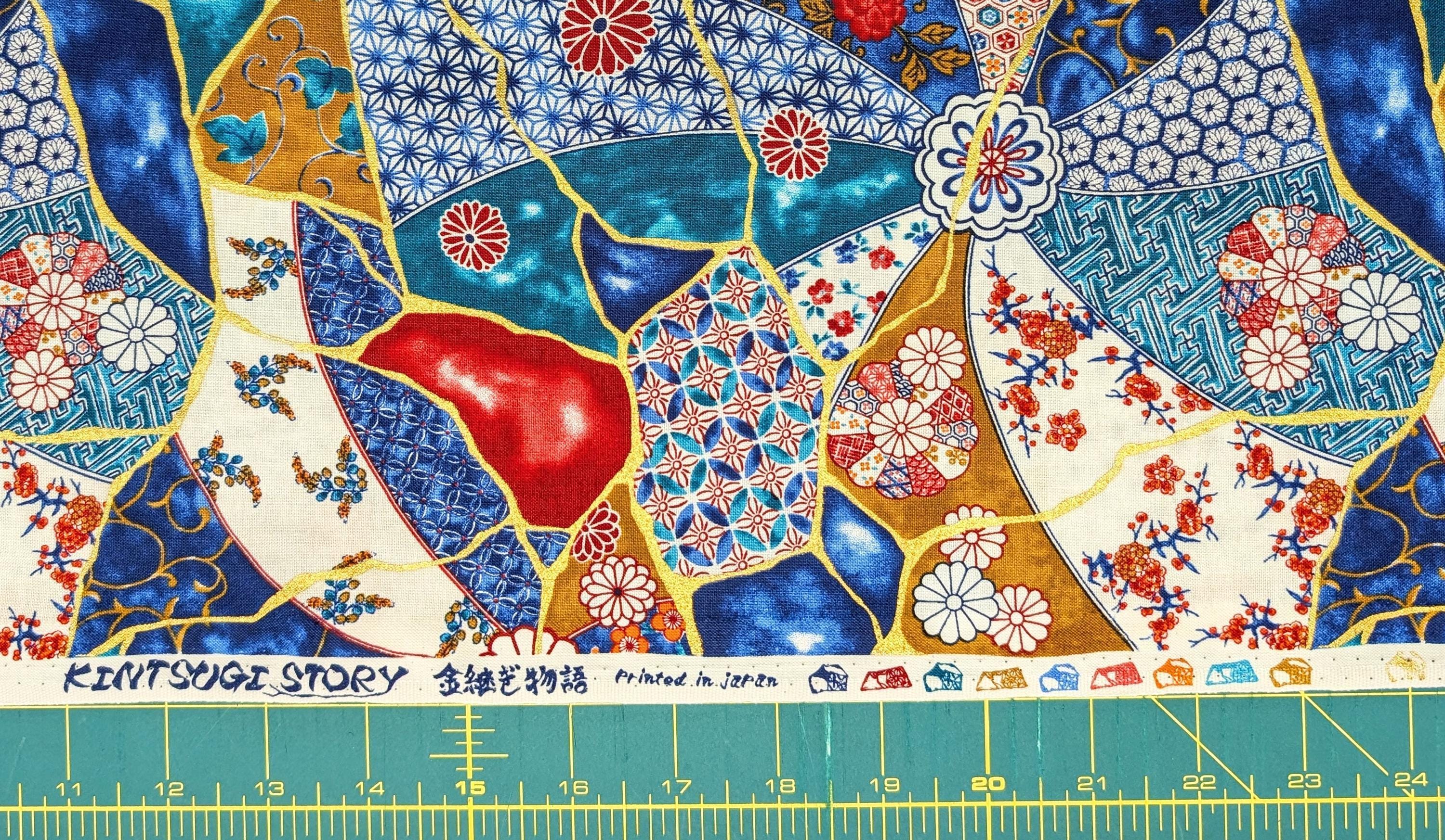 Senyo - Patterned Kintsugi Collage Cotton Fabric - Blue, Red and White