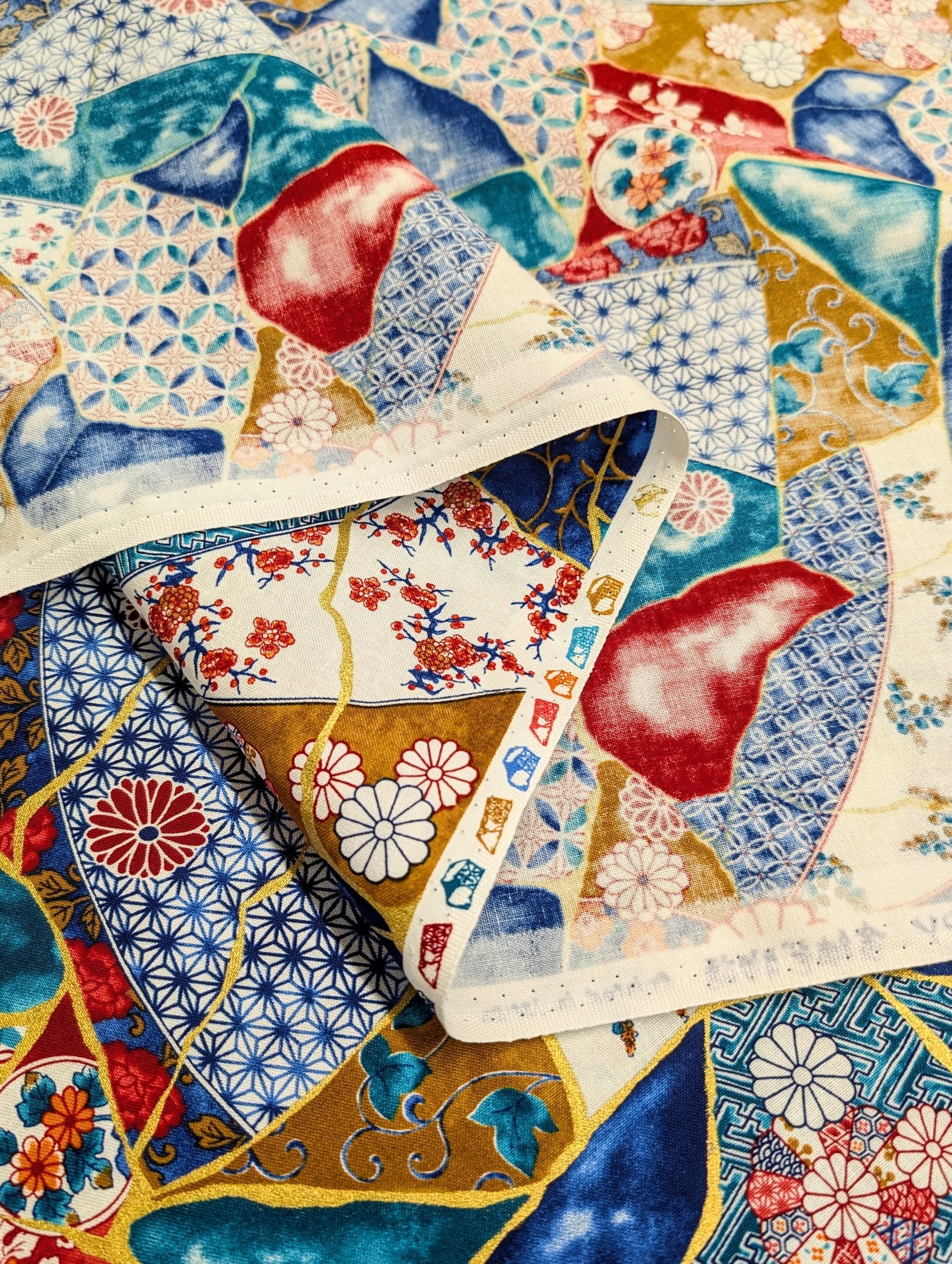 Senyo - Patterned Kintsugi Collage Cotton Fabric - Blue, Red and White