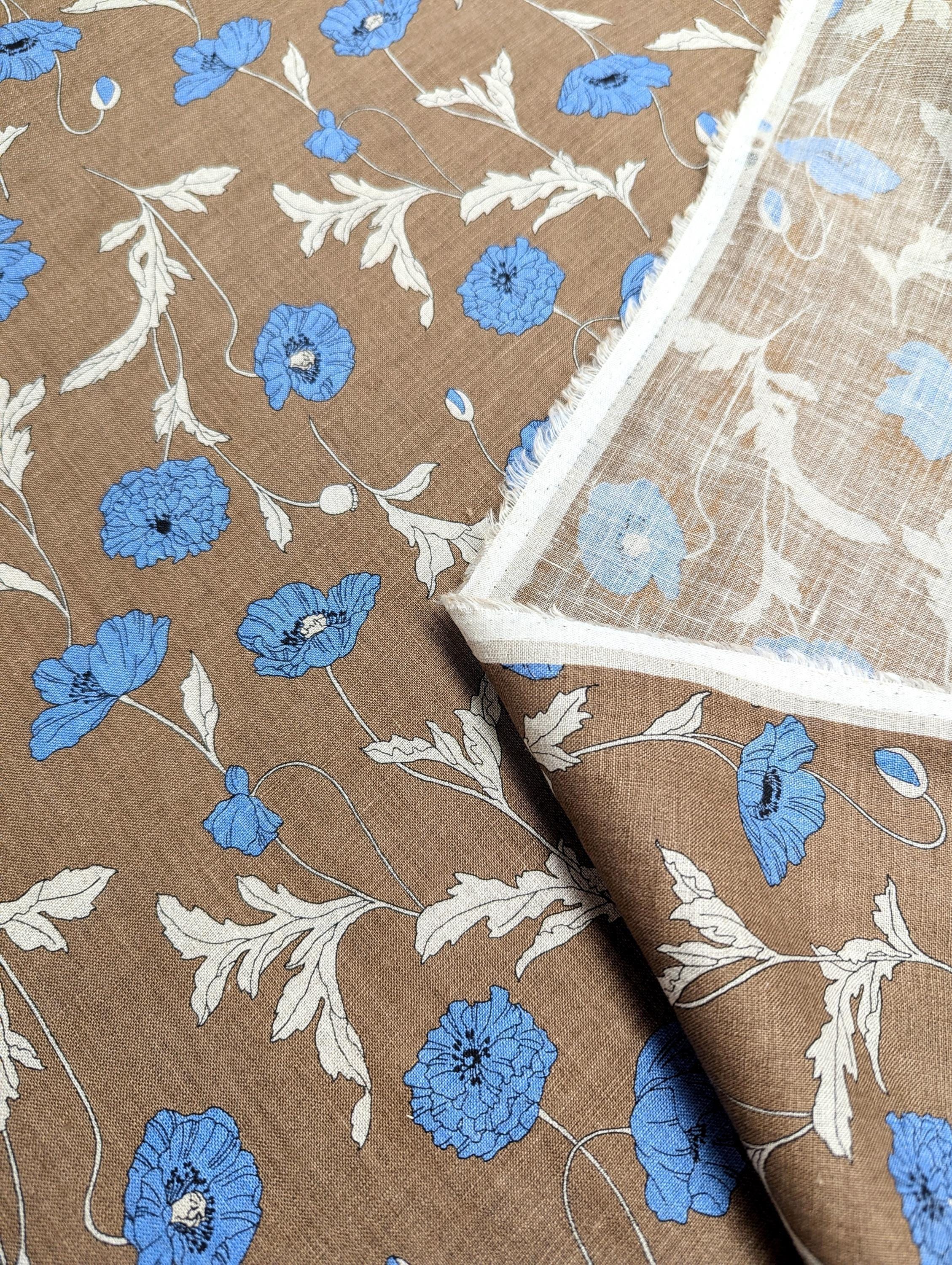 Hokkoh - Summer Poppies Linen Fabric - Brown and Blue