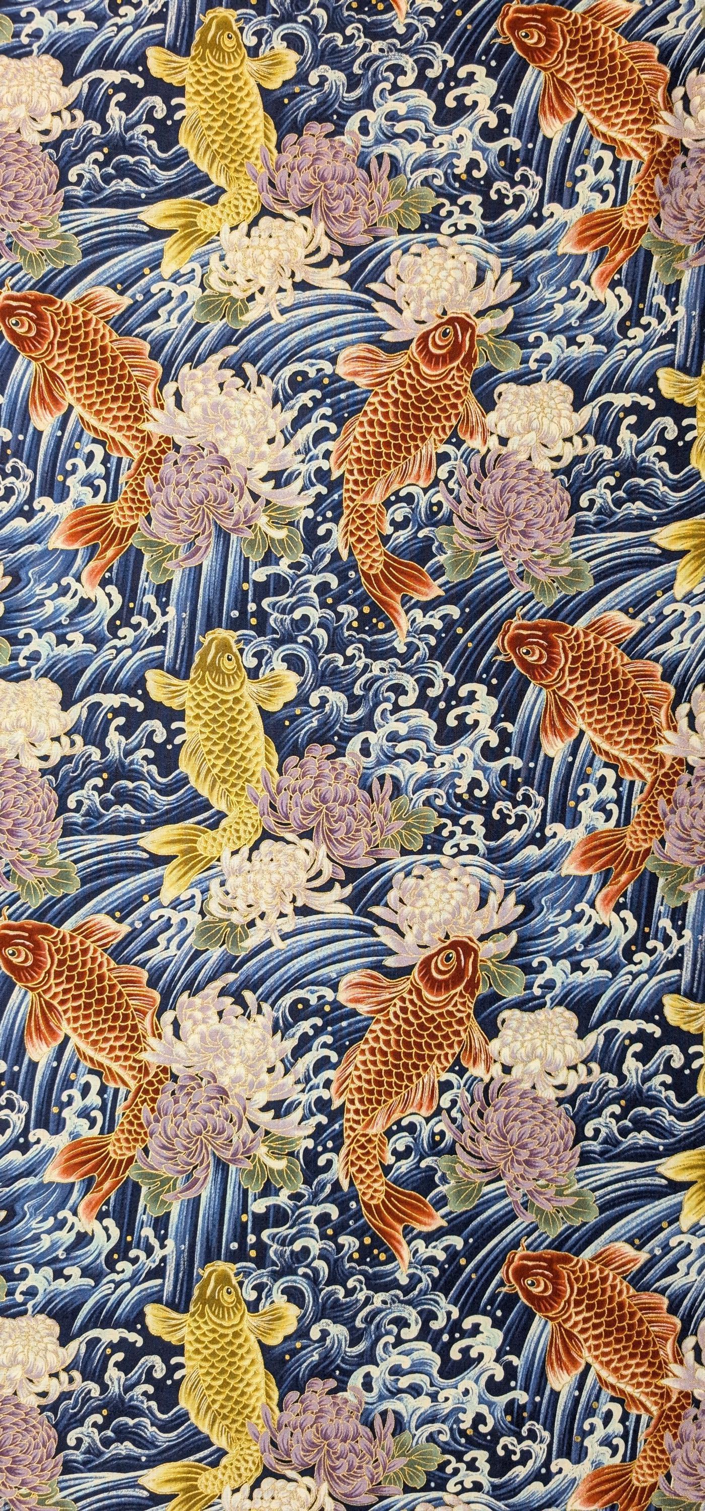 QuiltGate - Hyakka Ryoran Koi and Chrysanthemum Cotton Fabric - Blue