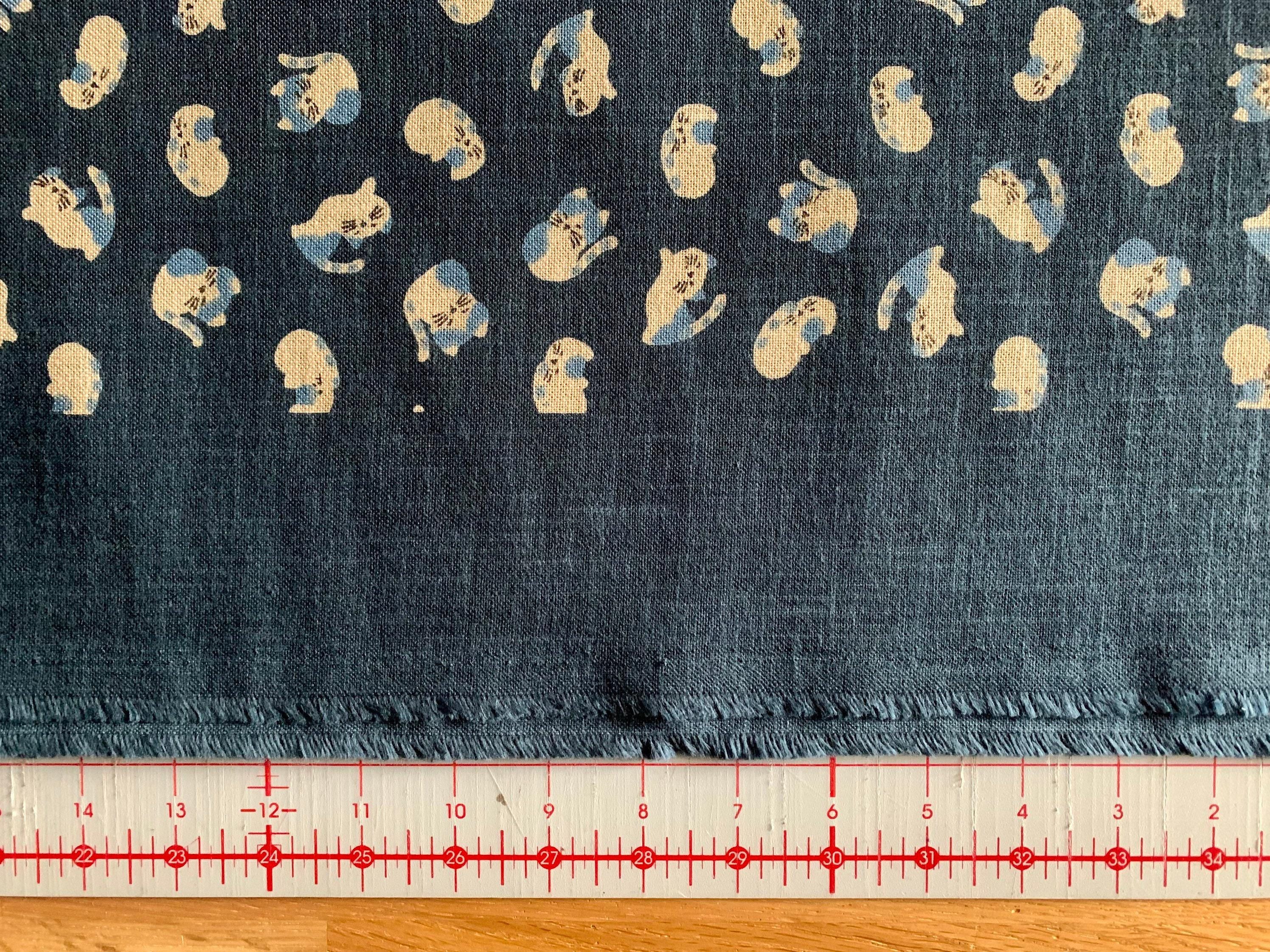 Kurenai - Playful Cats Hand Stenciled Cotton - Blue Beige