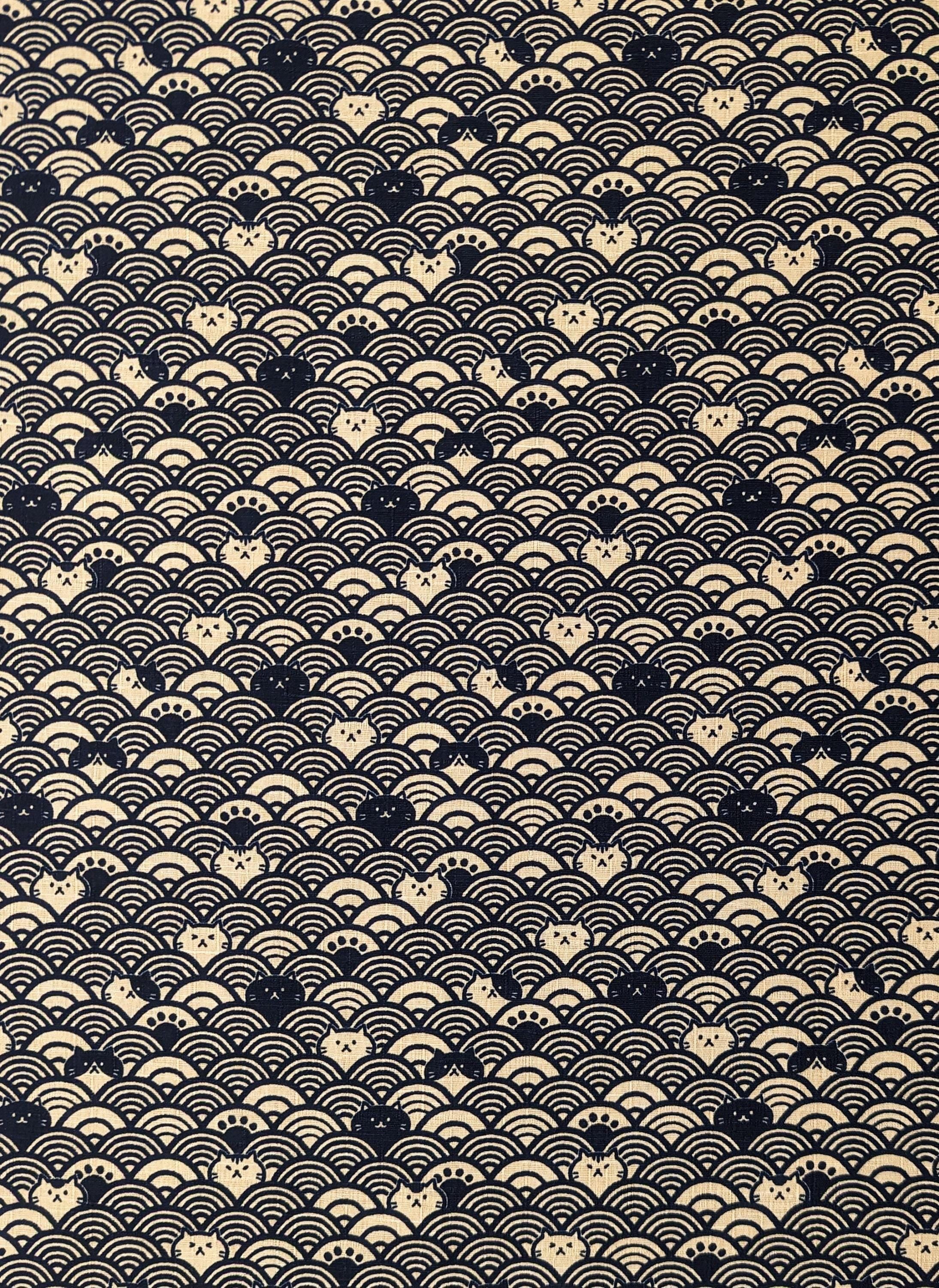 Cosmo - Waves with Cats Cotton Dobby - Navy Blue