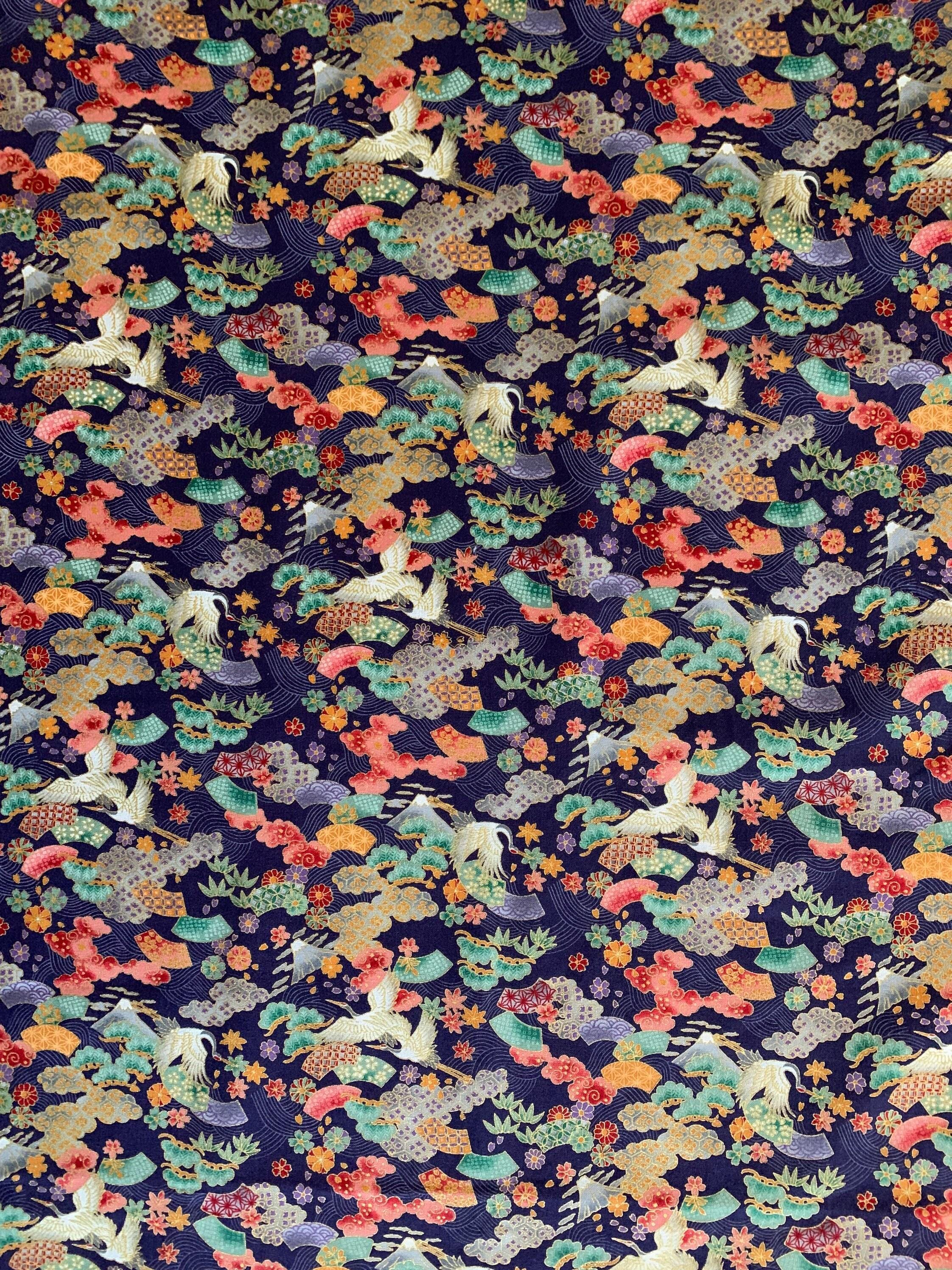Naka - Cranes and Fans Cotton Fabric - Purple Gold