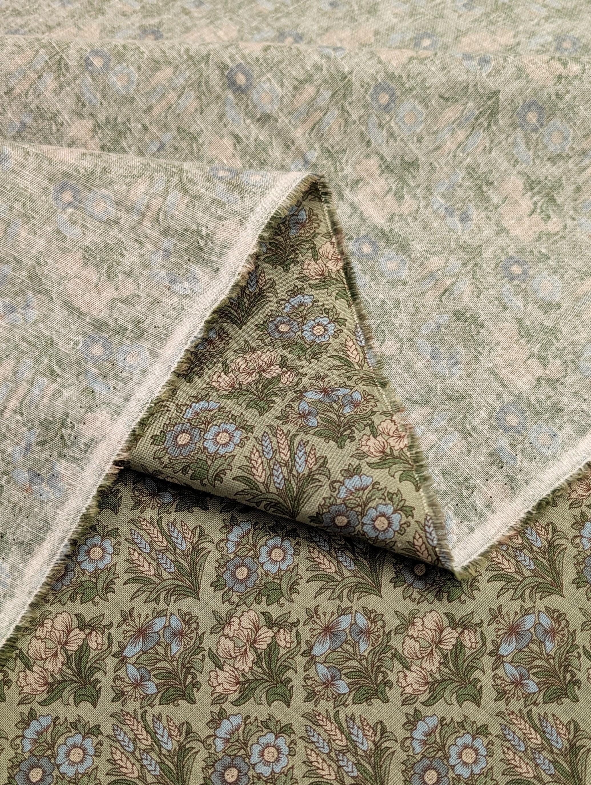 Kokka - Gridded Bouquet Cotton/Linen Fabric - Green
