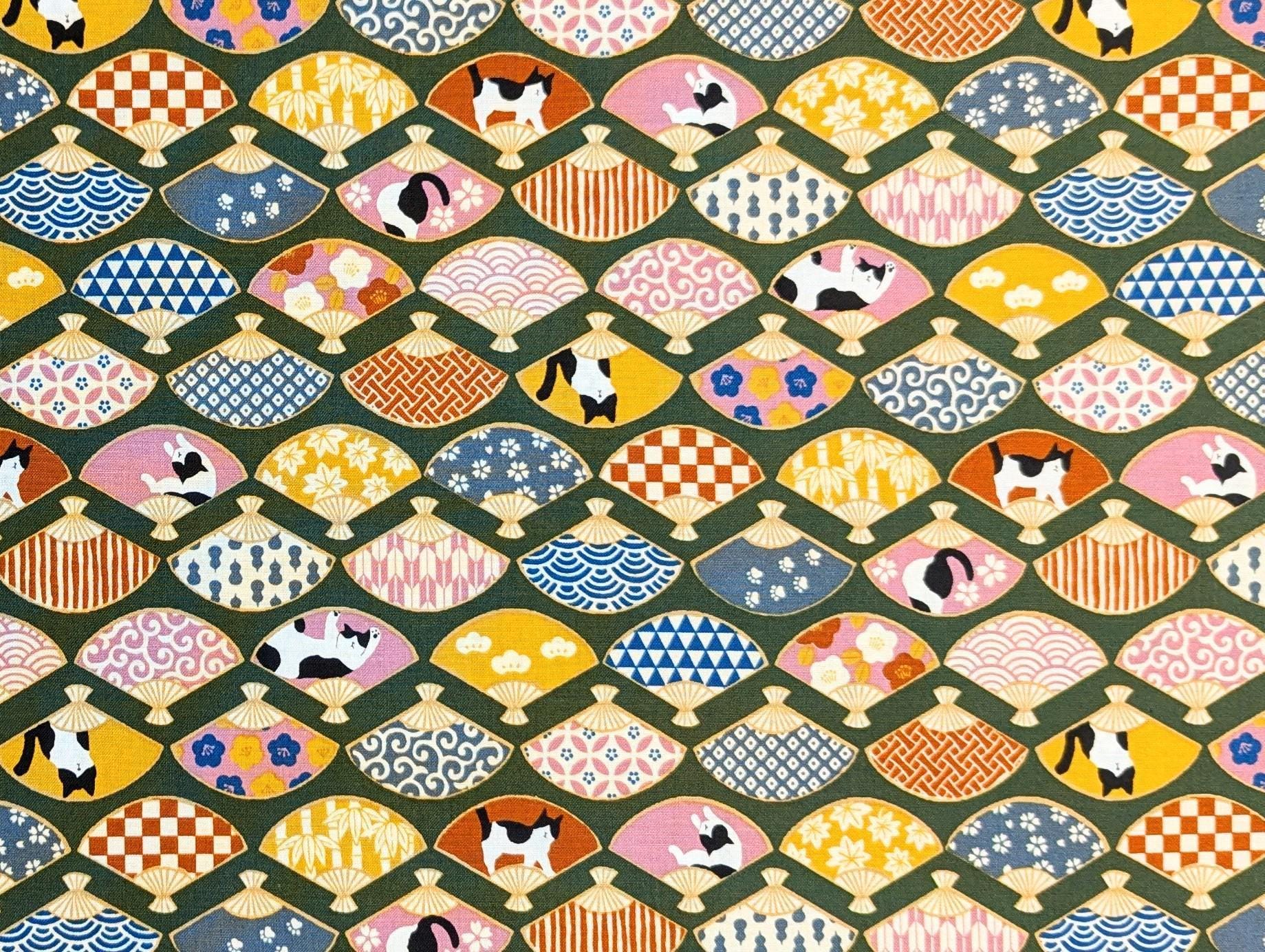 Cosmo - Cats and Fans Cotton - Green