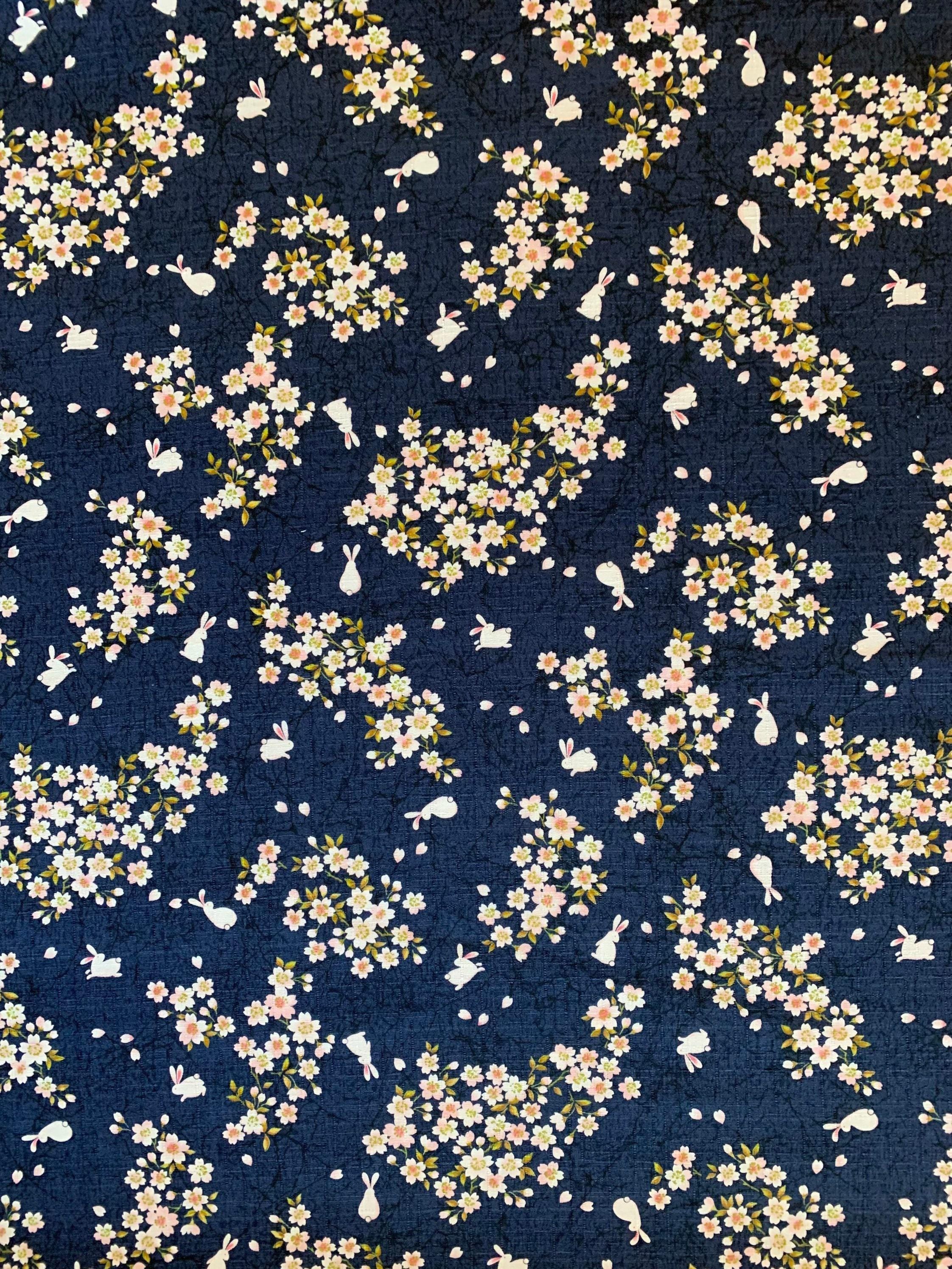 Usagi Sakura Rabbit Cherry Blossom Morikiku Japanese cotton dobby fabric M-1100-1C navy blue