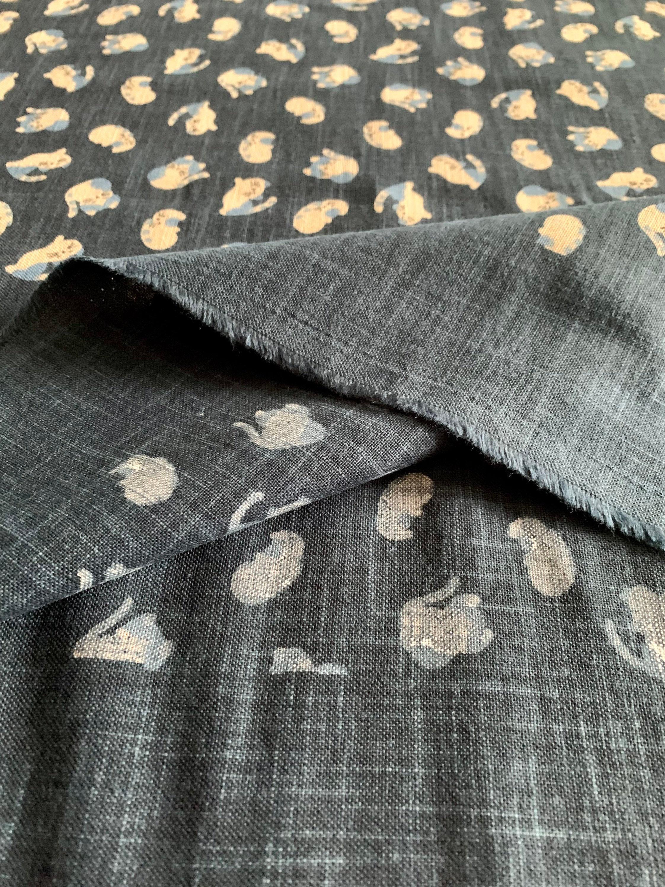 Kurenai - Playful Cats Hand Stenciled Cotton - Blue Beige