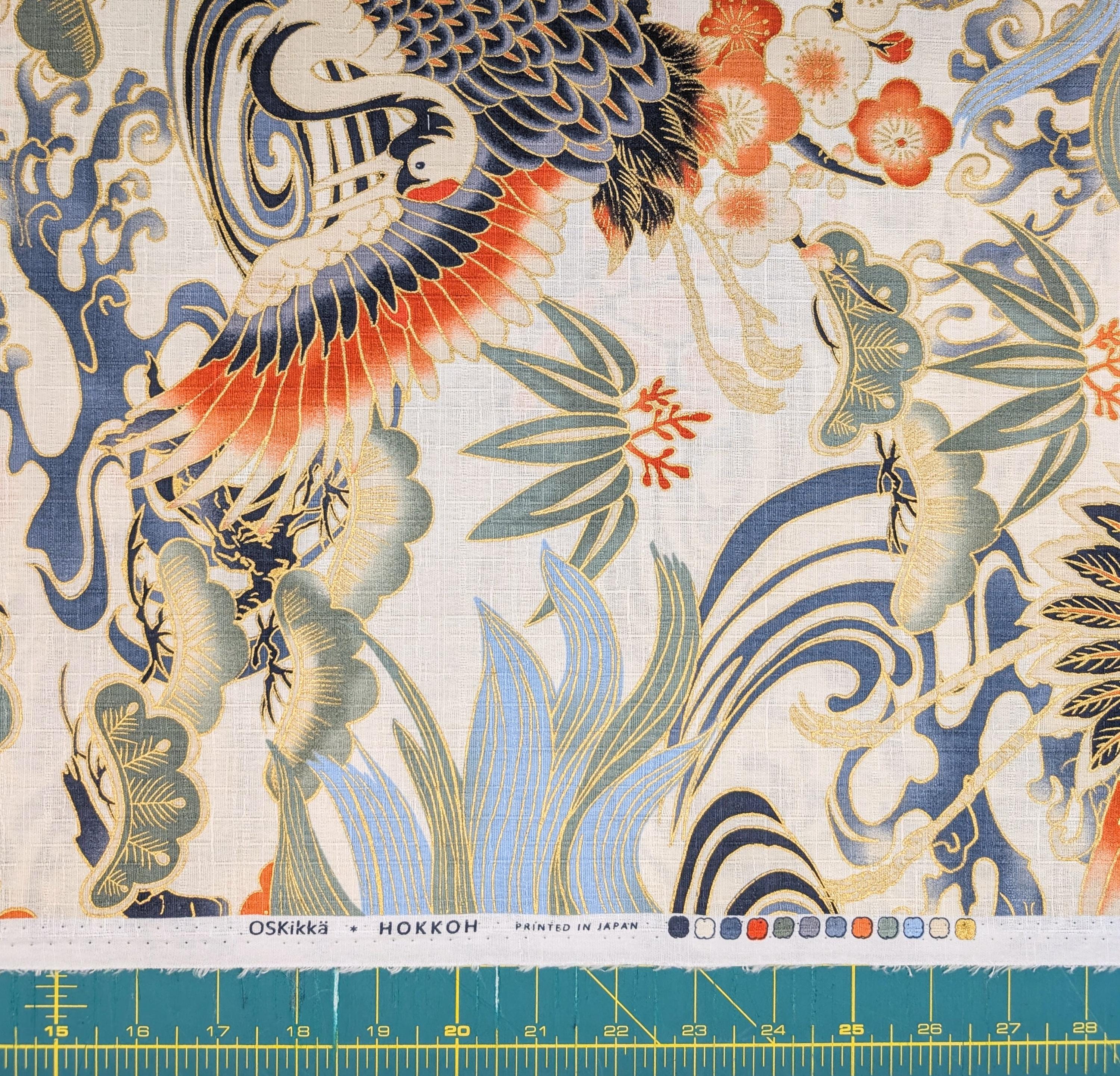 NEW Golden Crane & Minogame Hokkoh Japanese cotton dobby fabric 1025-100-5 A white