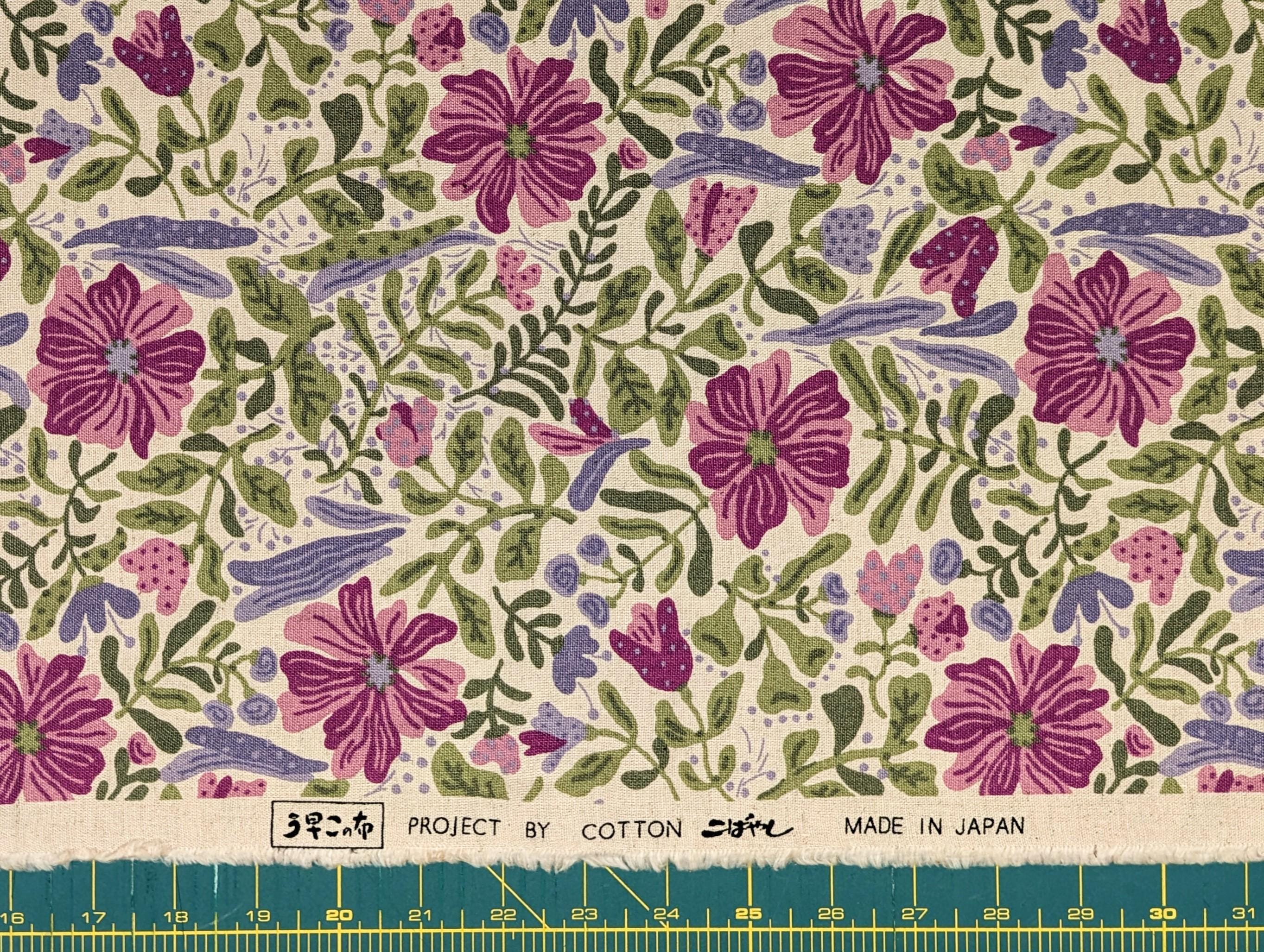 Kobayashi - Folk Art Flowers Cotton/Linen Oxford - Purple, Green and Beige