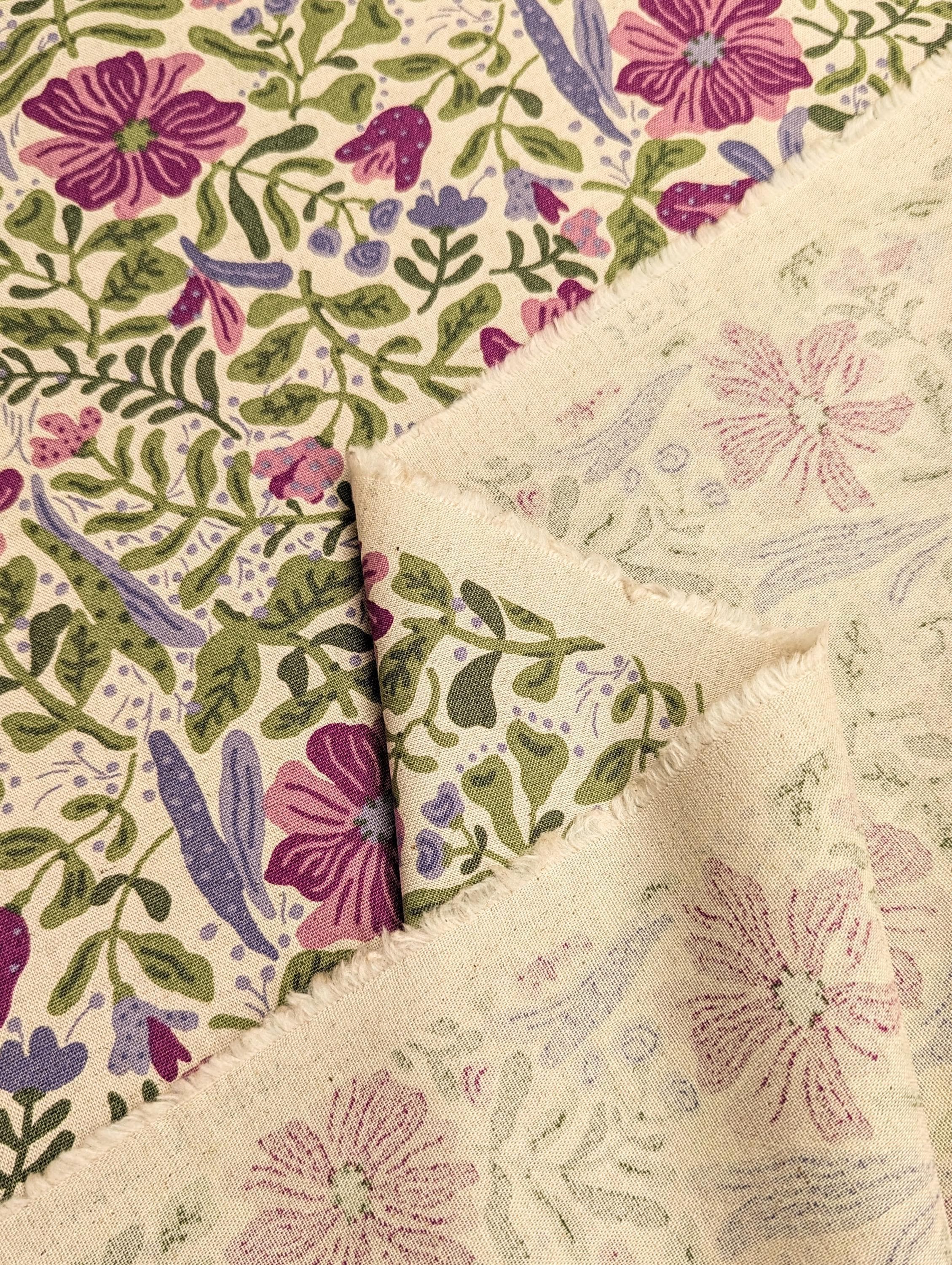 Kobayashi - Folk Art Flowers Cotton/Linen Oxford - Purple, Green and Beige