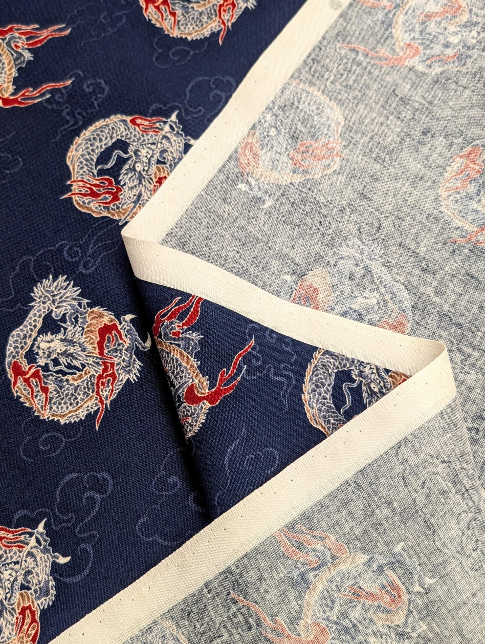 Hishiei - Circling Dragons Cotton Fabric - Navy Blue