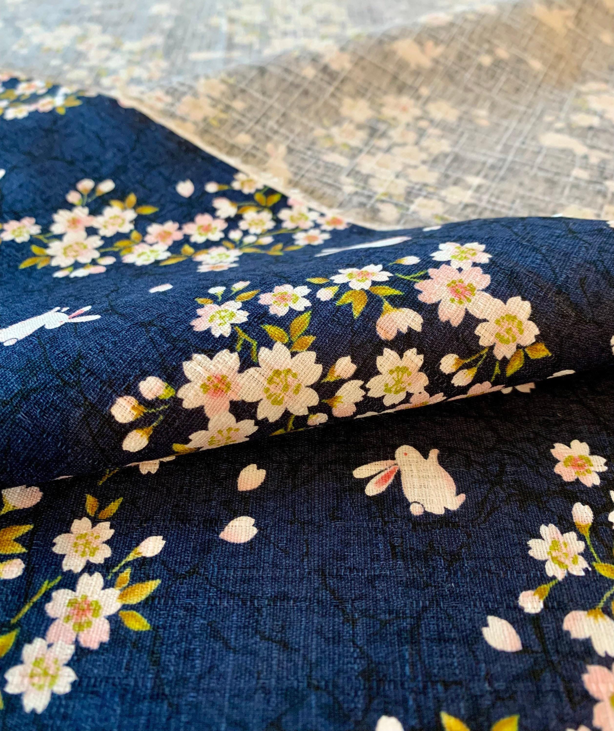 Usagi Sakura Rabbit Cherry Blossom Morikiku Japanese cotton dobby fabric M-1100-1C navy blue