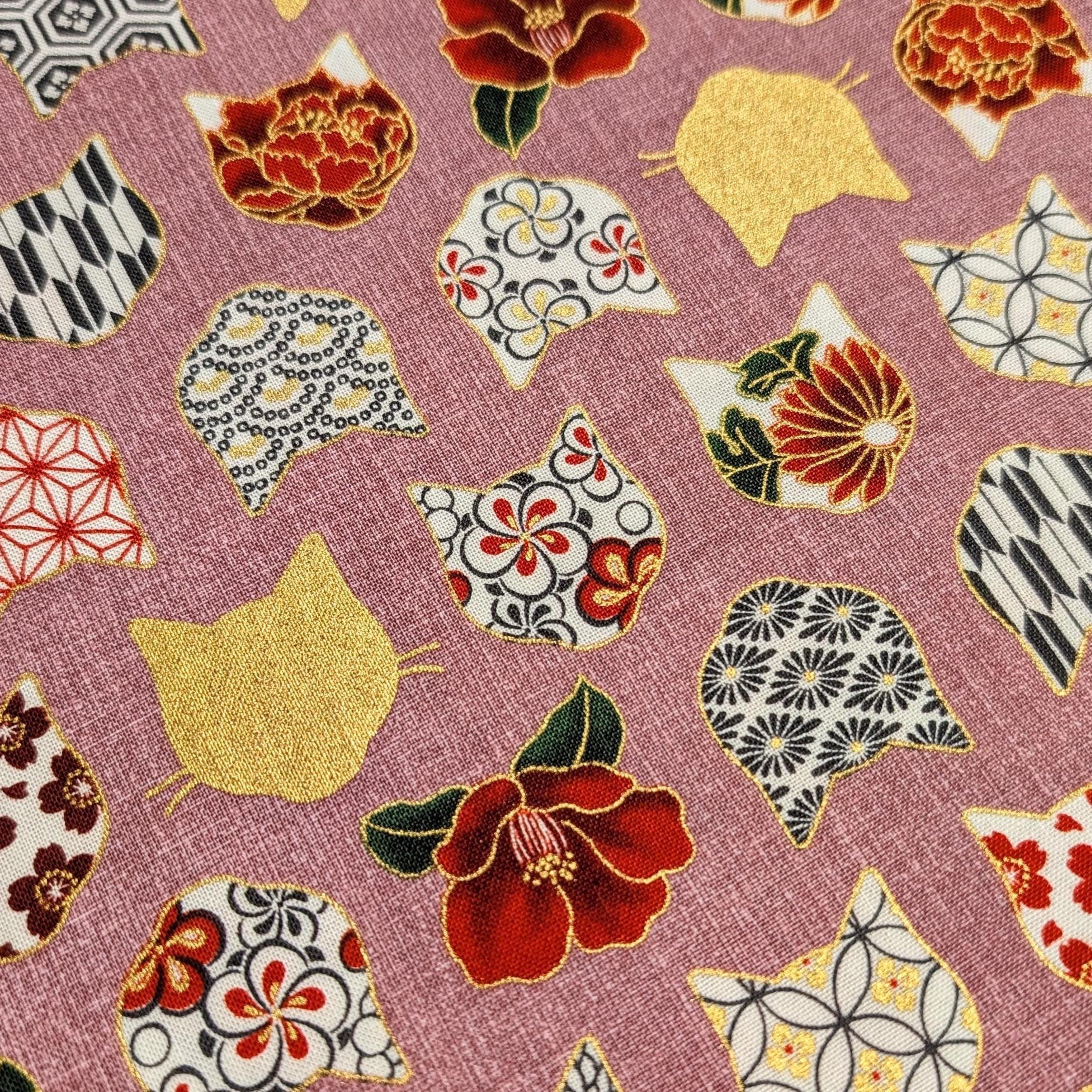 QuiltGate - Hyakka Ryoran Patterned Cats Cotton Fabric - Pink