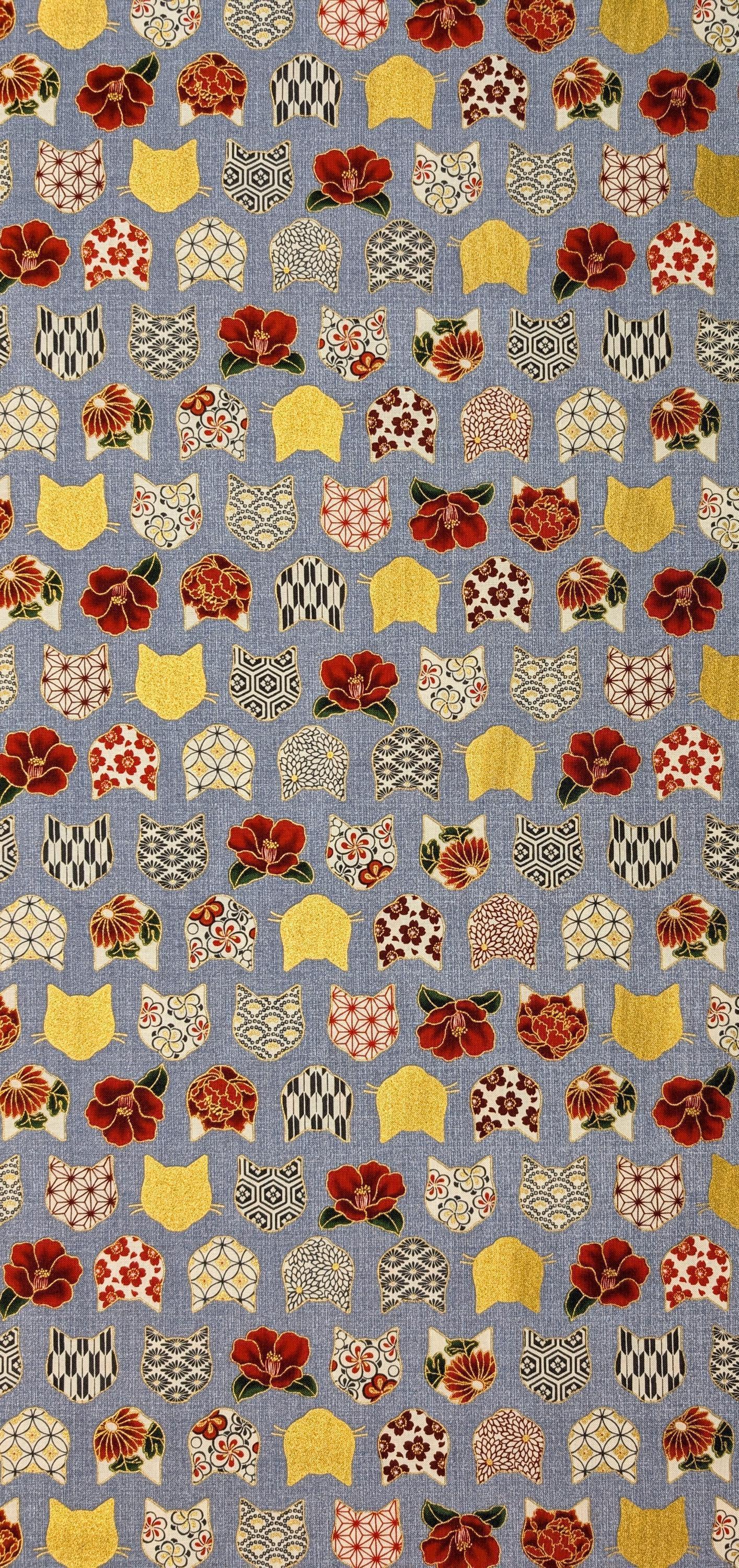 QuiltGate - Hyakka Ryoran Patterned Cats Cotton Fabric - Light Blue