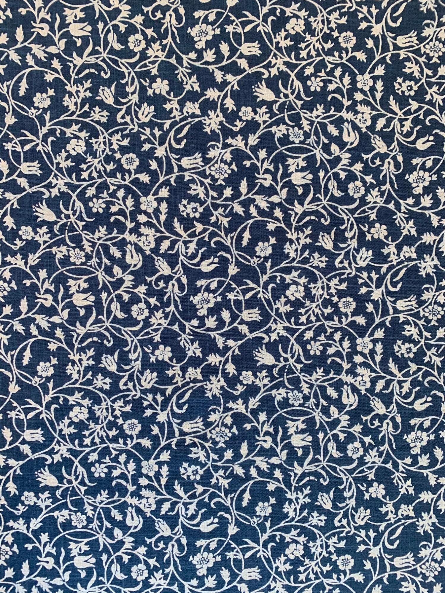 Kurenai - Hand Stenciled Flower Garden Cotton - Blue Beige