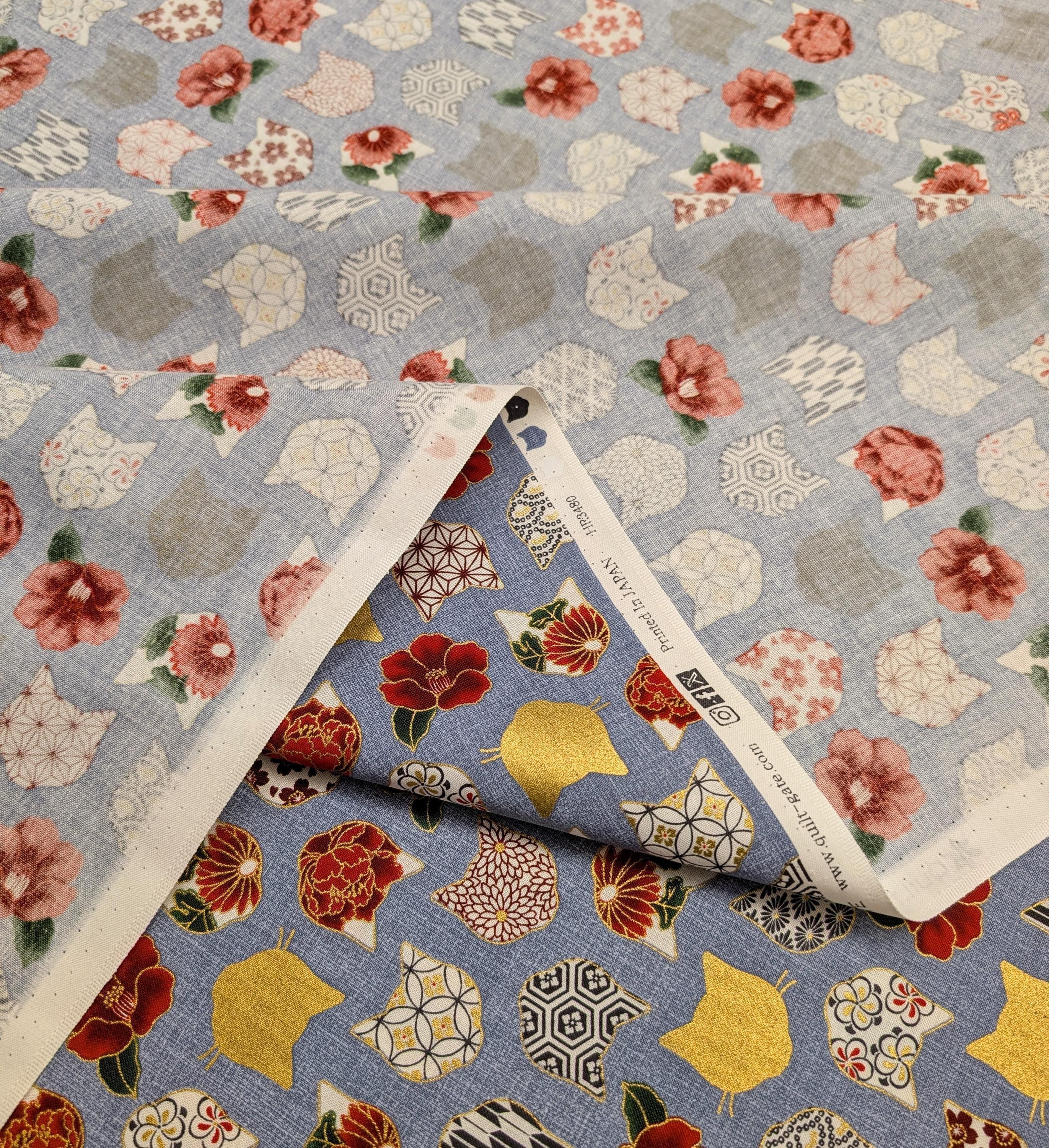 QuiltGate - Hyakka Ryoran Patterned Cats Cotton Fabric - Light Blue