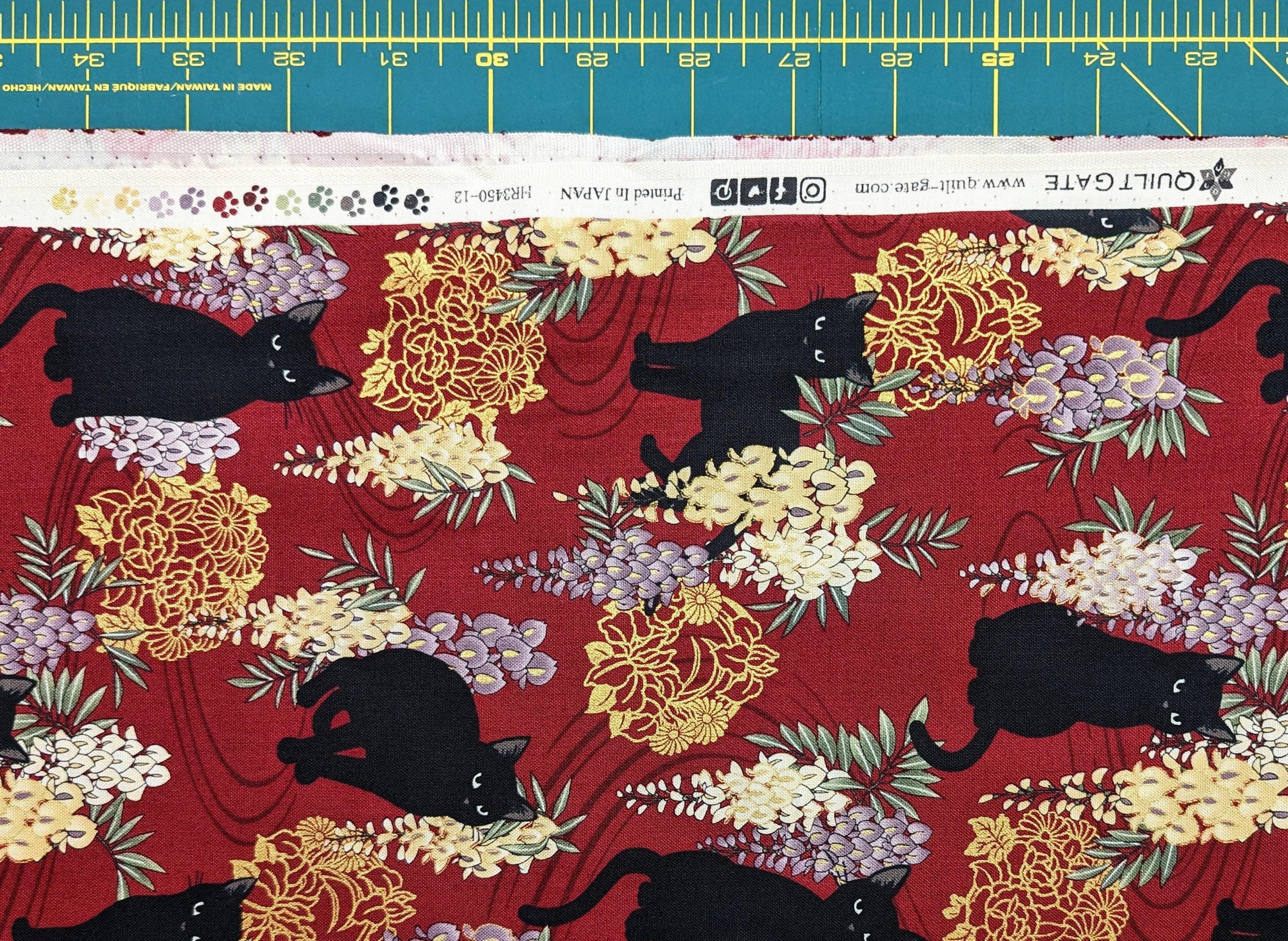 QuiltGate - Hyakka Ryoran Cats and Wisteria Cotton Fabric - Red